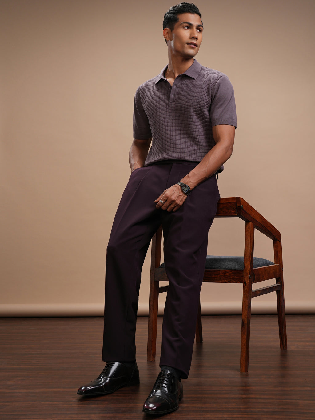 Highlander Men Lavender Self Design Polo Collar Regular Fit T-Shirt - Lavender - Image 2