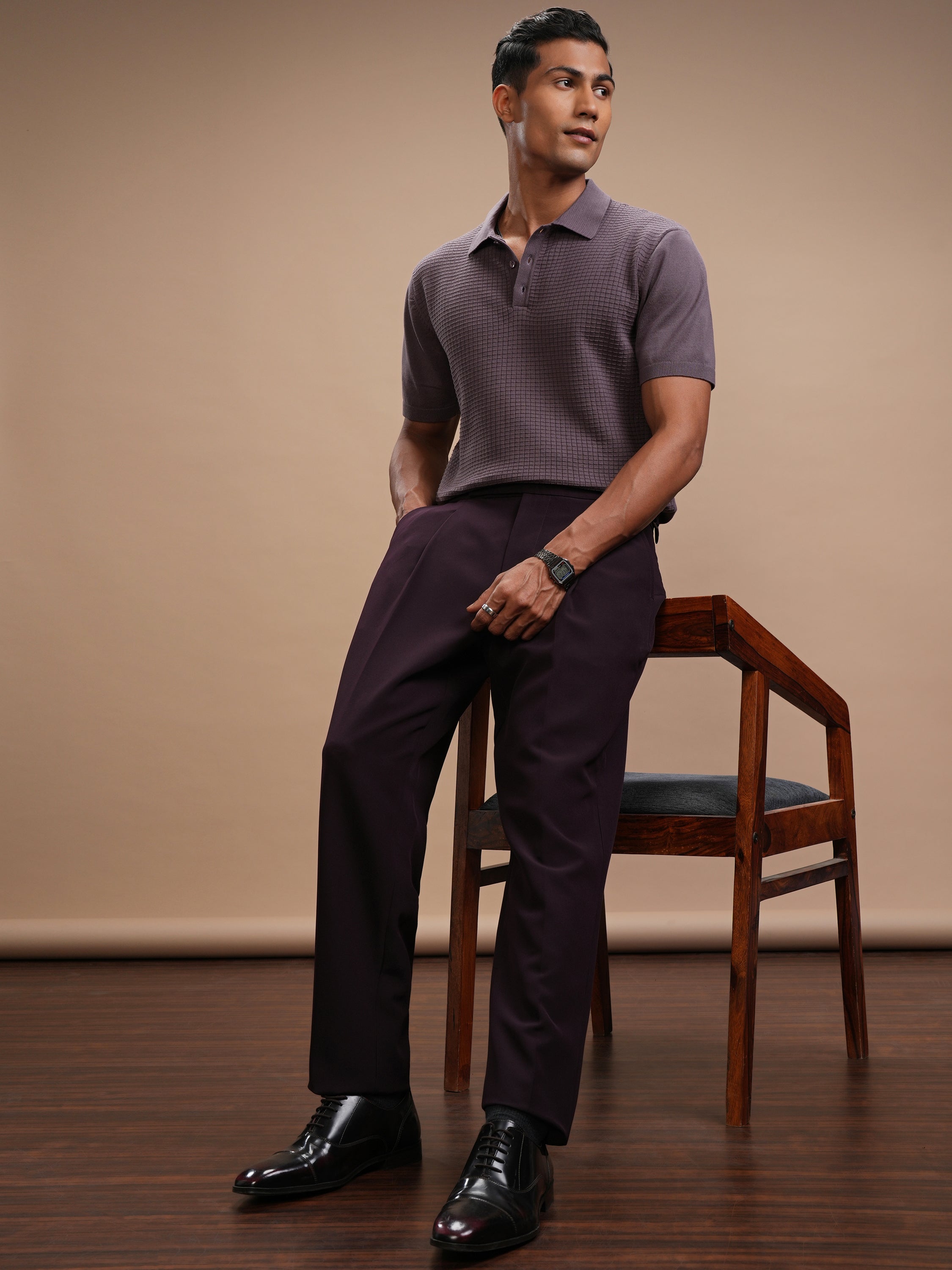 Highlander Men Lavender Self Design Polo Collar Regular Fit T-Shirt - Lavender - Image 2