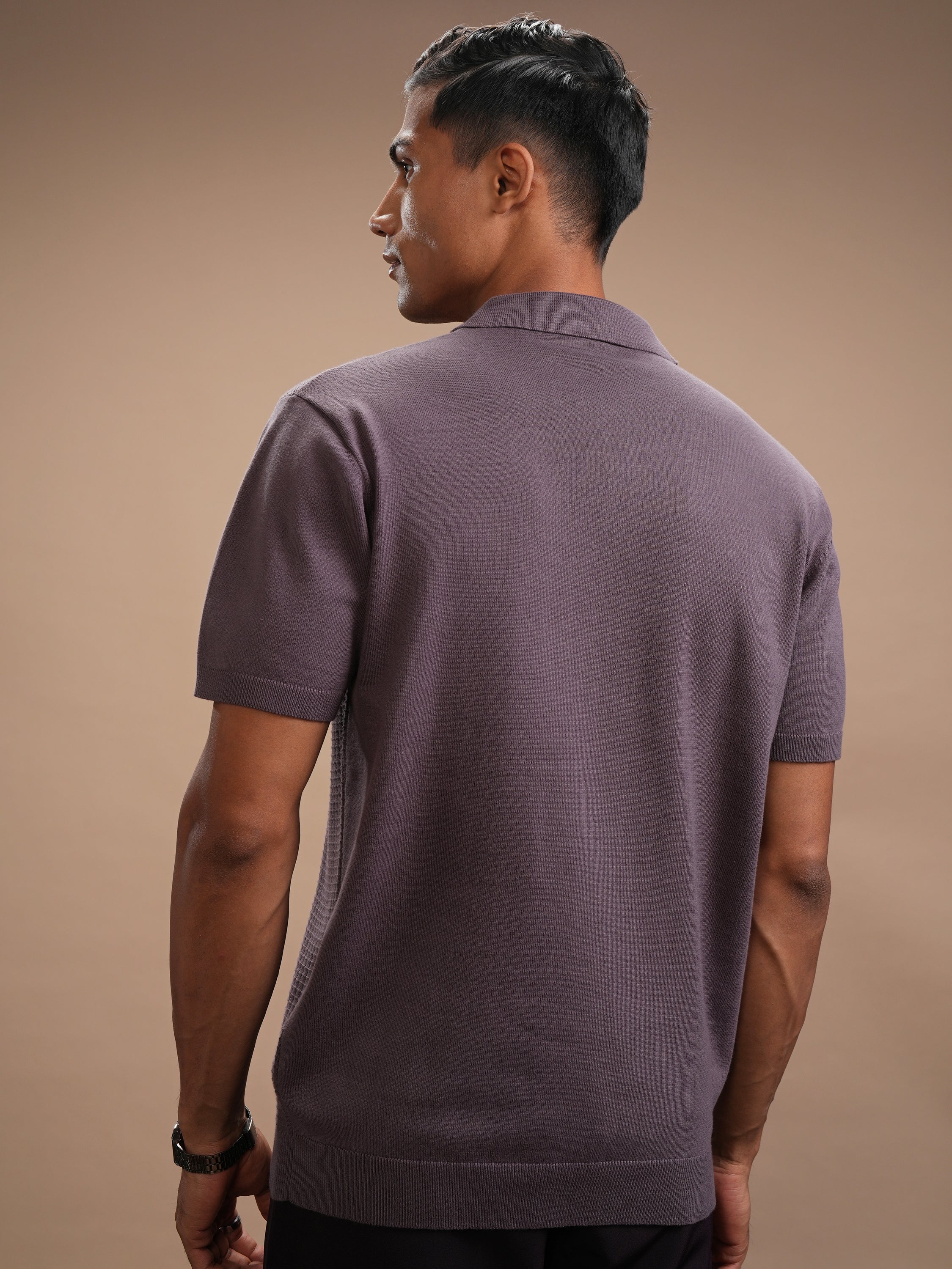 Highlander Men Lavender Self Design Polo Collar Regular Fit T-Shirt - Lavender - Image 3