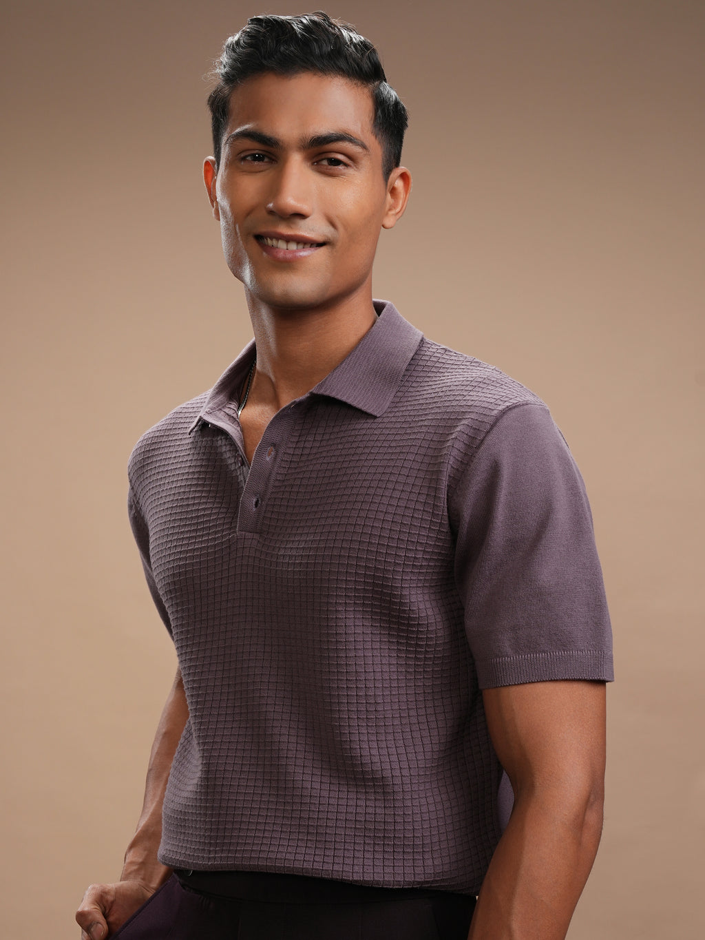 Highlander Men Lavender Self Design Polo Collar Regular Fit T-Shirt - Lavender - Image 4