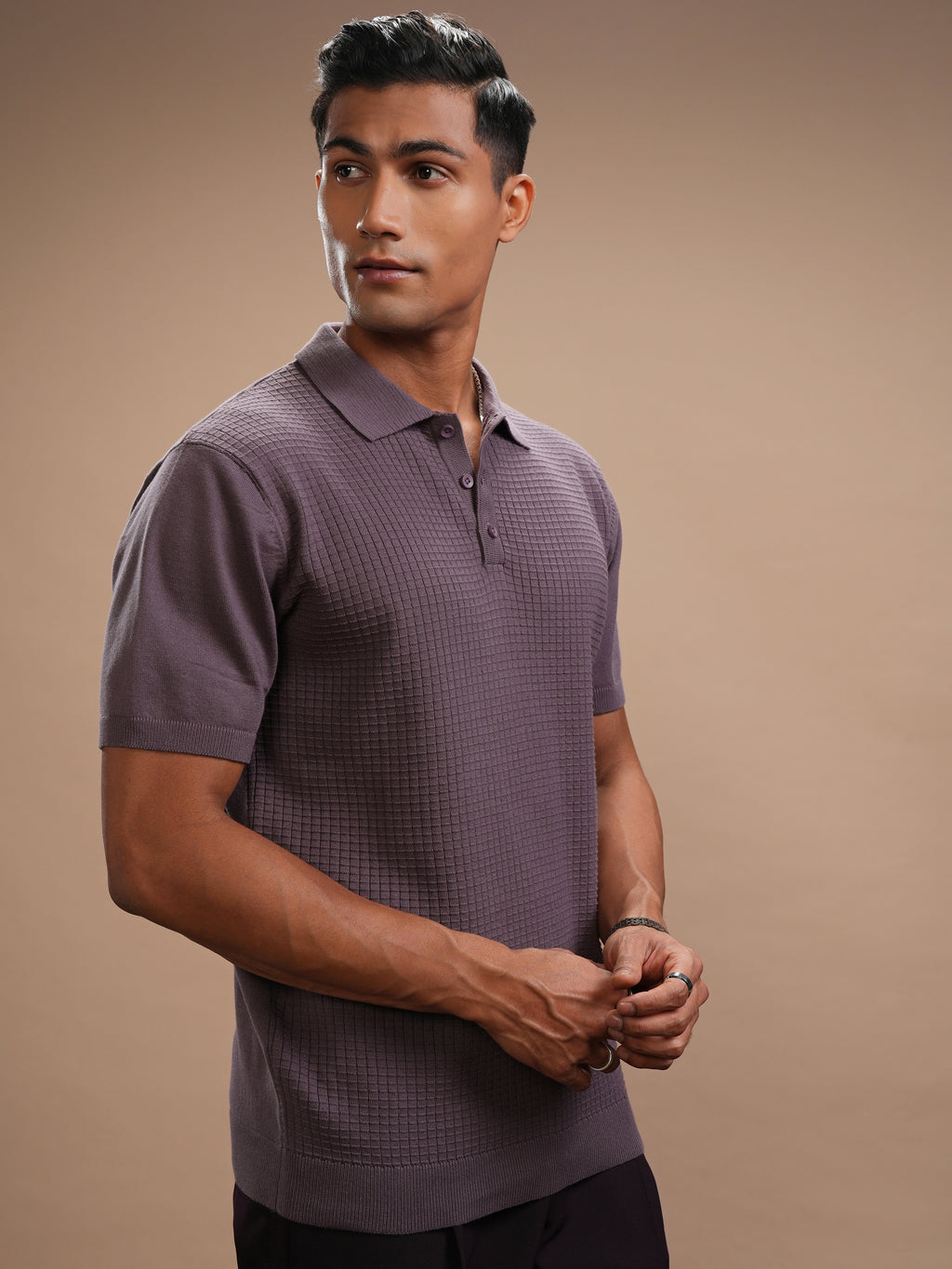 Highlander Men Lavender Self Design Polo Collar Regular Fit T-Shirt - Lavender - Image 6