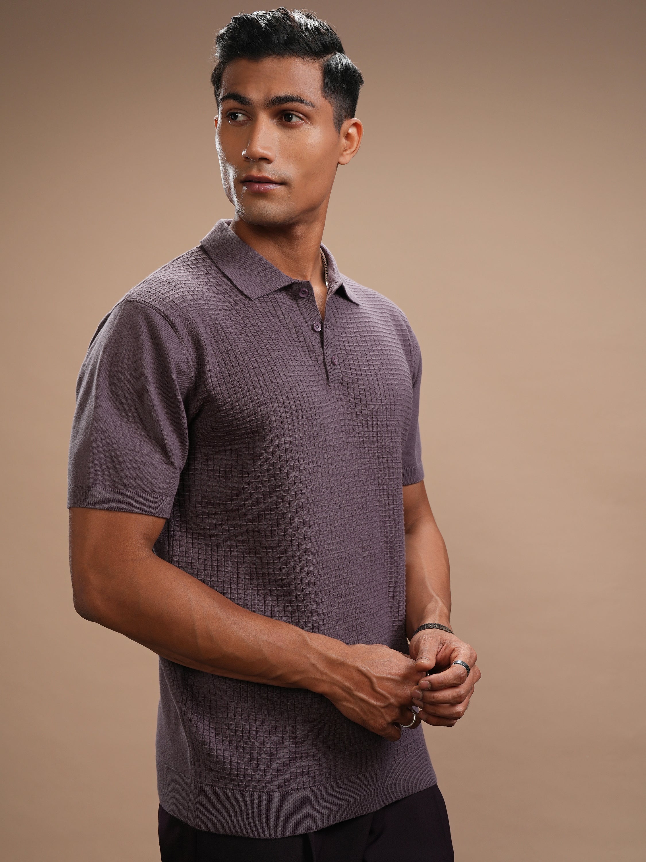 Highlander Men Lavender Self Design Polo Collar Regular Fit T-Shirt - Lavender - Image 6