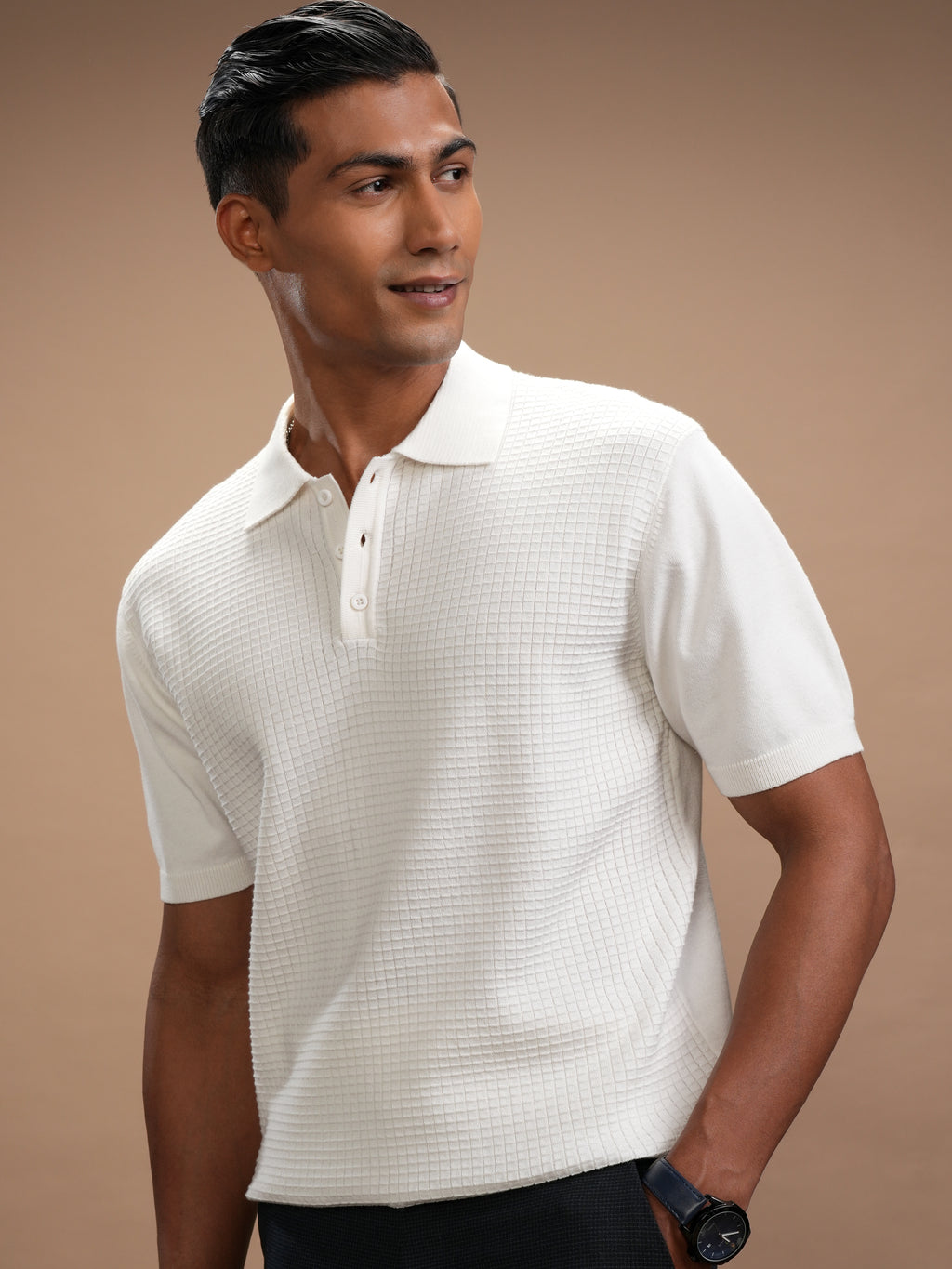 Highlander Men White Self Design Polo Collar T-Shirt - White - Image 1