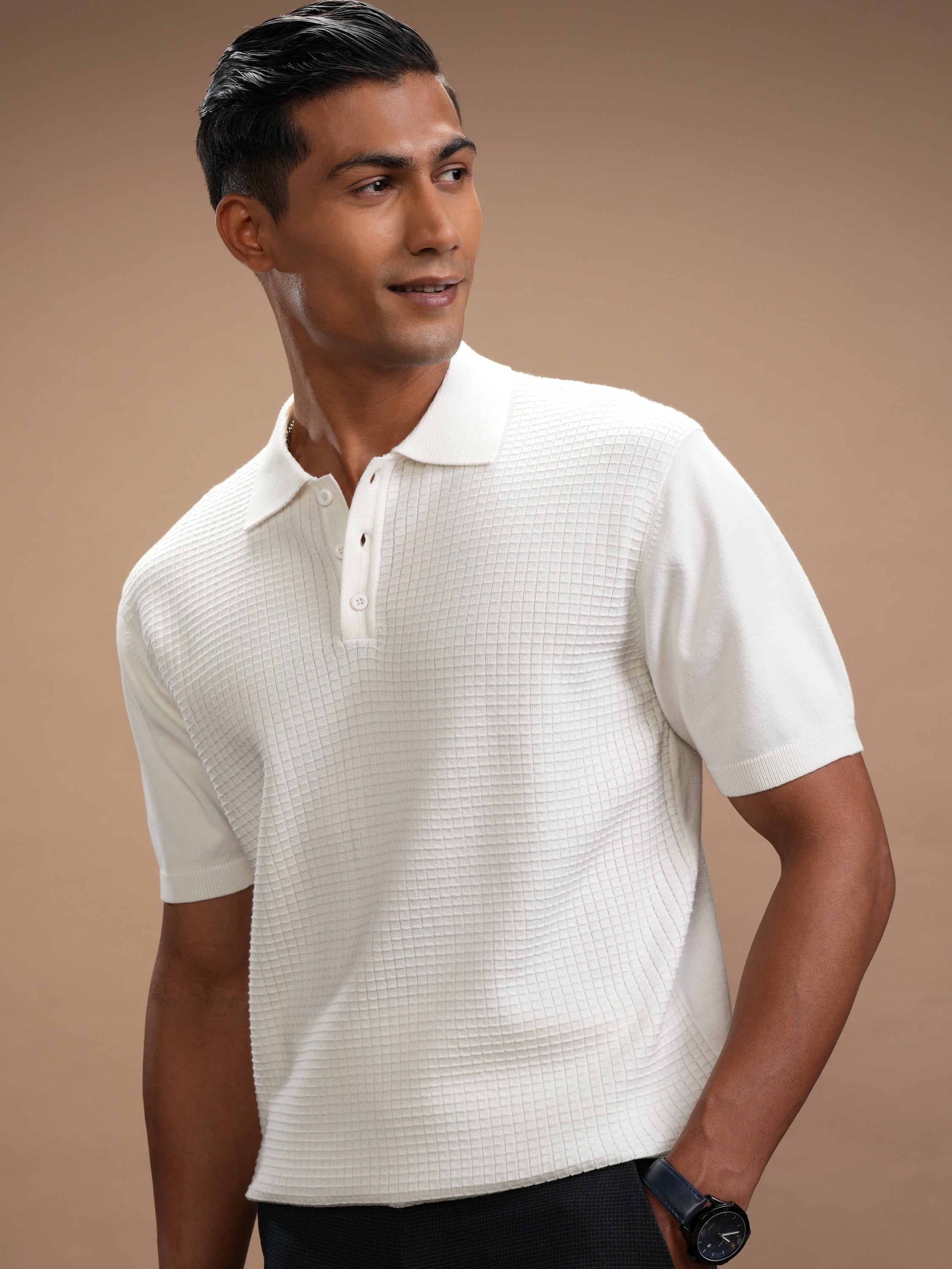 Highlander Men White Self Design Polo Collar T-Shirt - White - Image 1