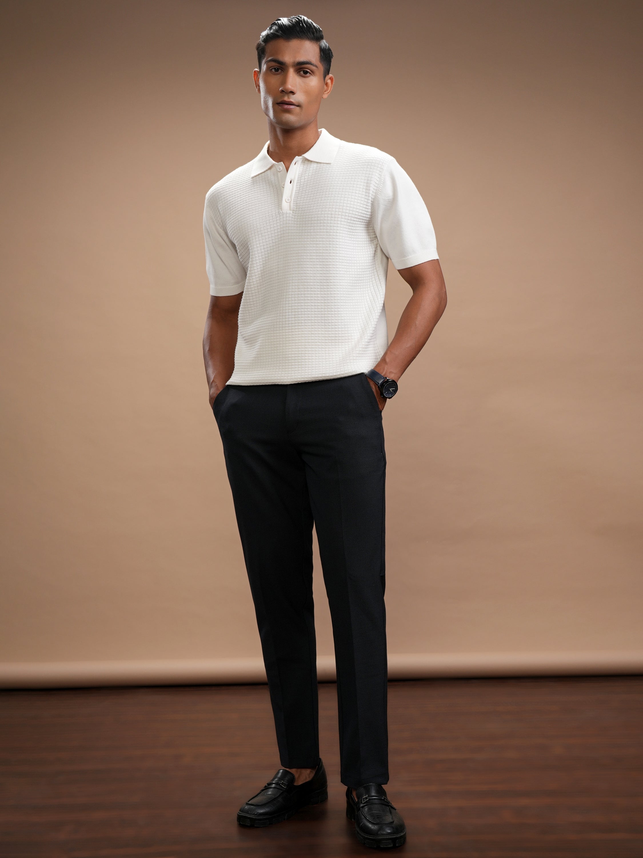 Highlander Men White Self Design Polo Collar T-Shirt - White - Image 2