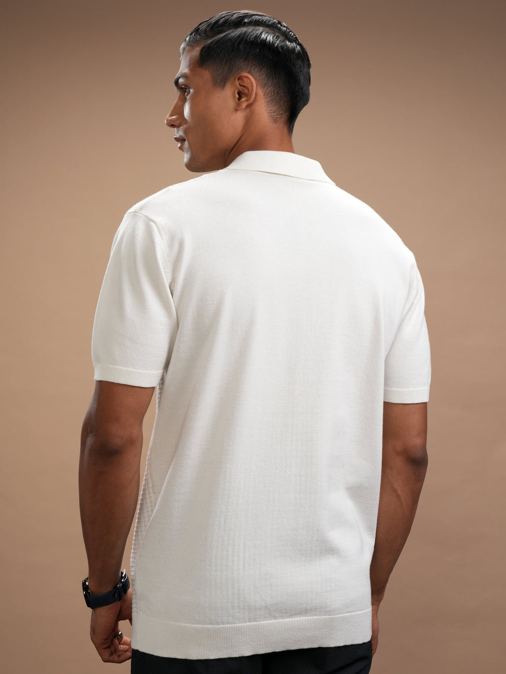 Highlander Men White Self Design Polo Collar T-Shirt - White - Image 3