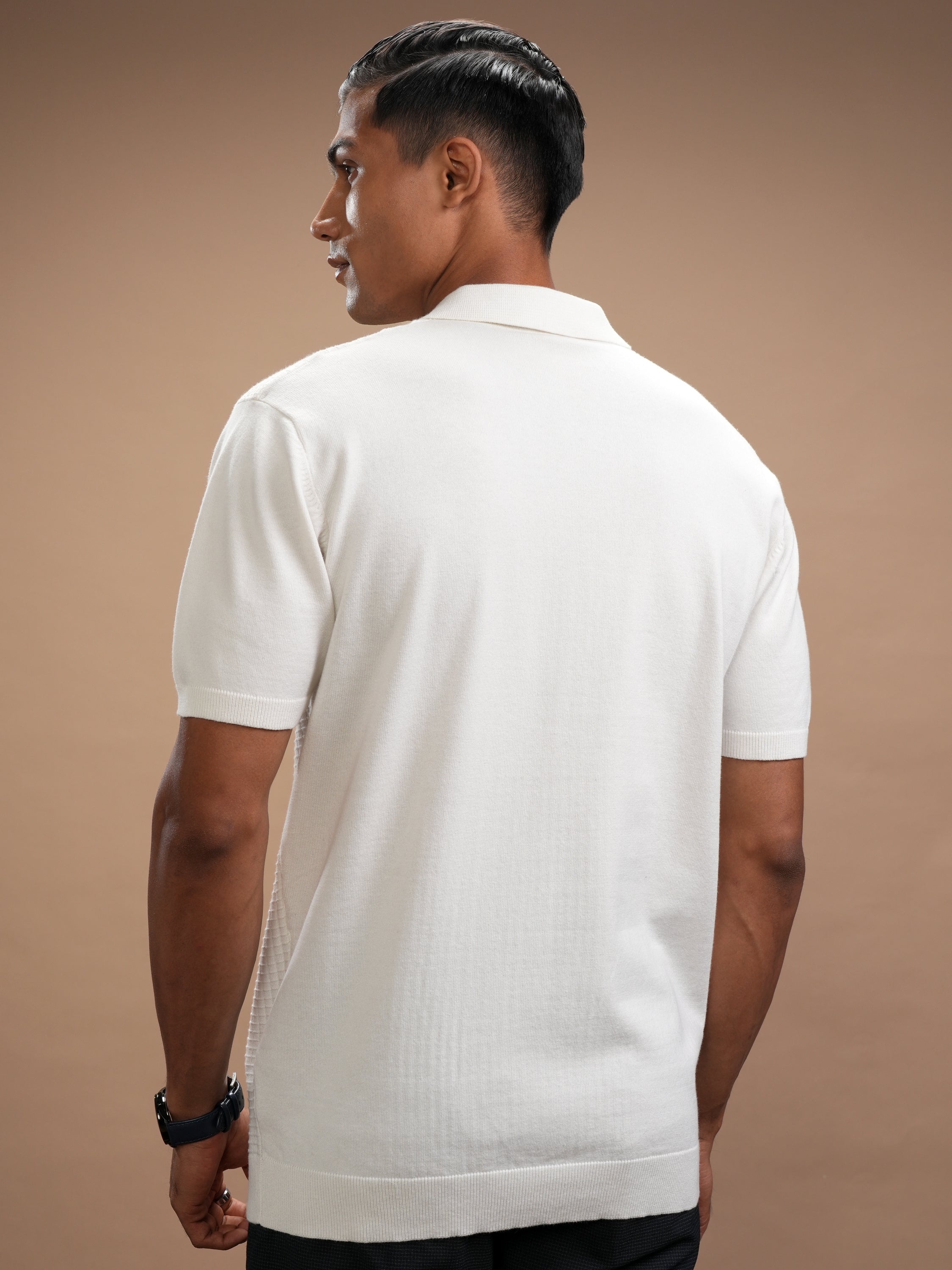 Highlander Men White Self Design Polo Collar T-Shirt - White - Image 3
