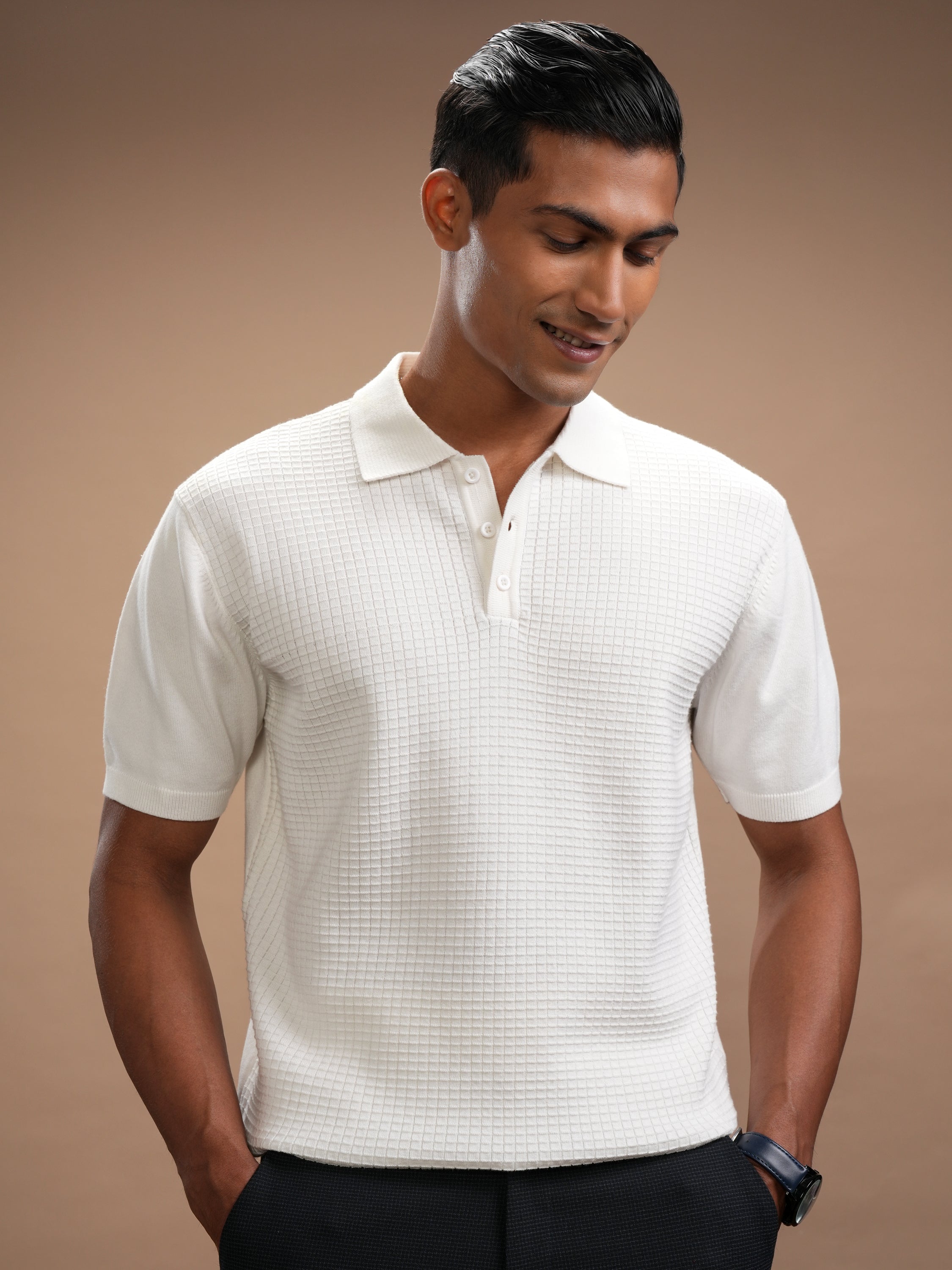 Highlander Men White Self Design Polo Collar T-Shirt - White - Image 4
