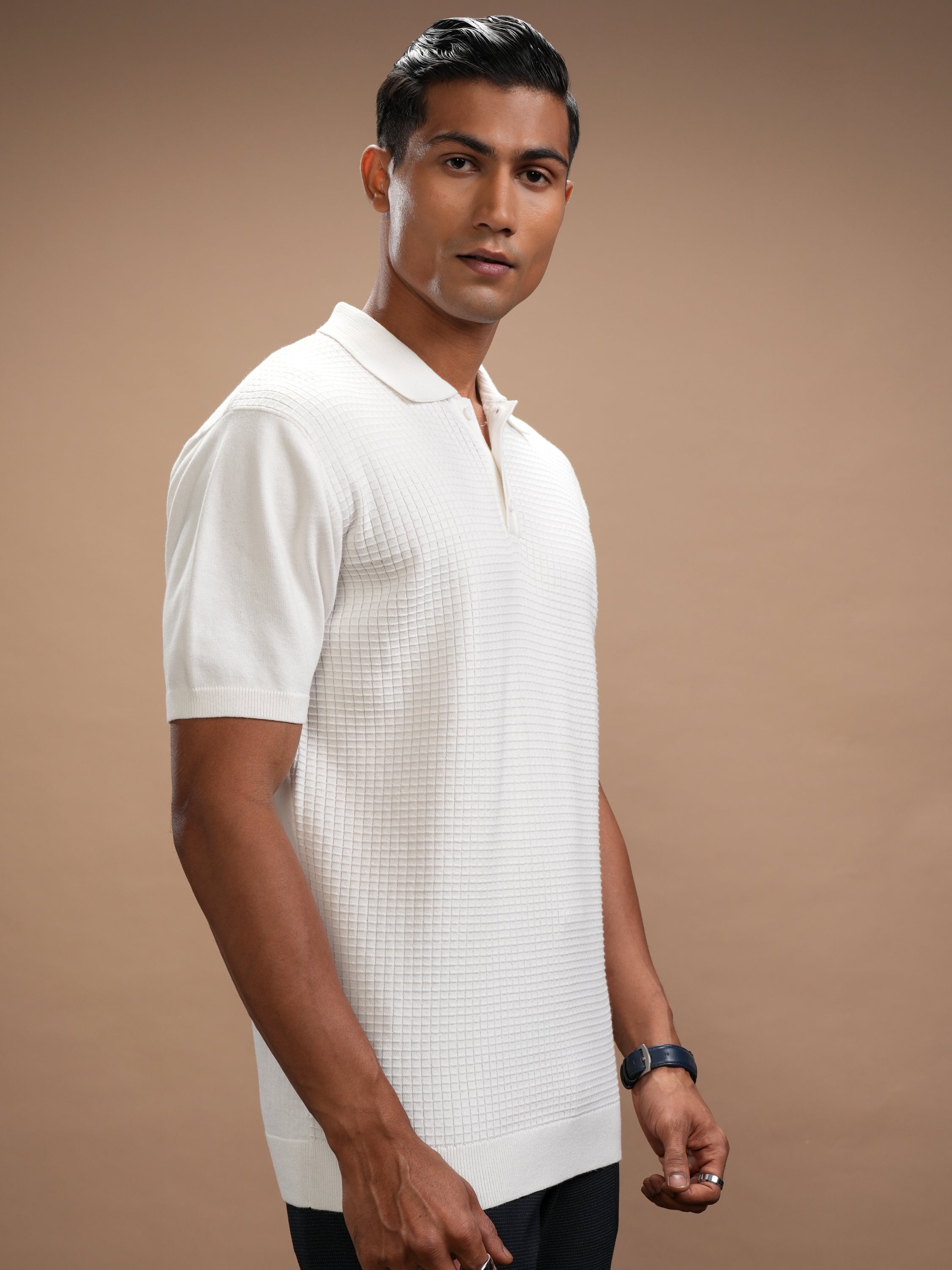 Highlander Men White Self Design Polo Collar T-Shirt - White - Image 6