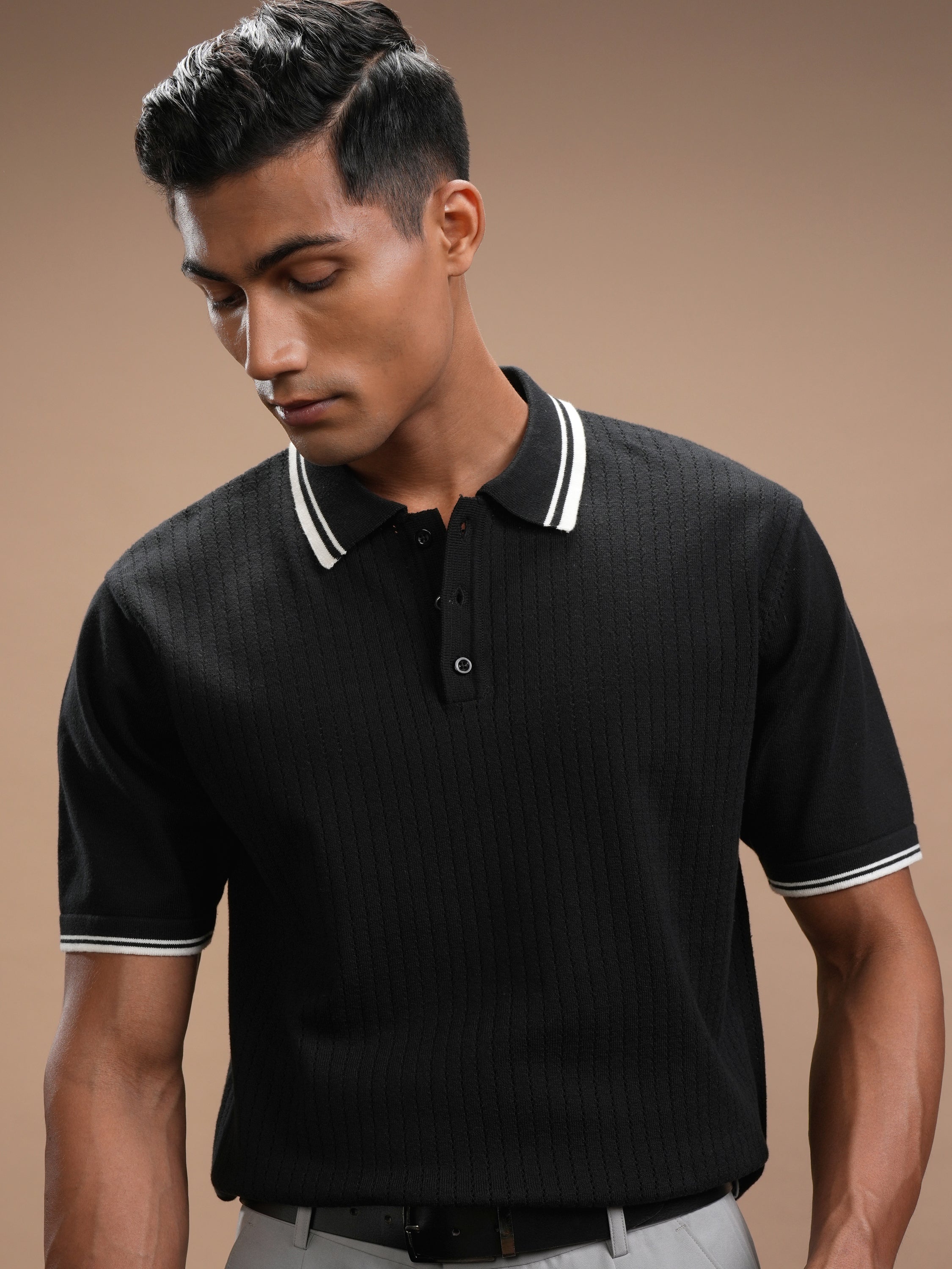 Highlander Men Black Self Design Polo Collar T-Shirt - Black - Image 1