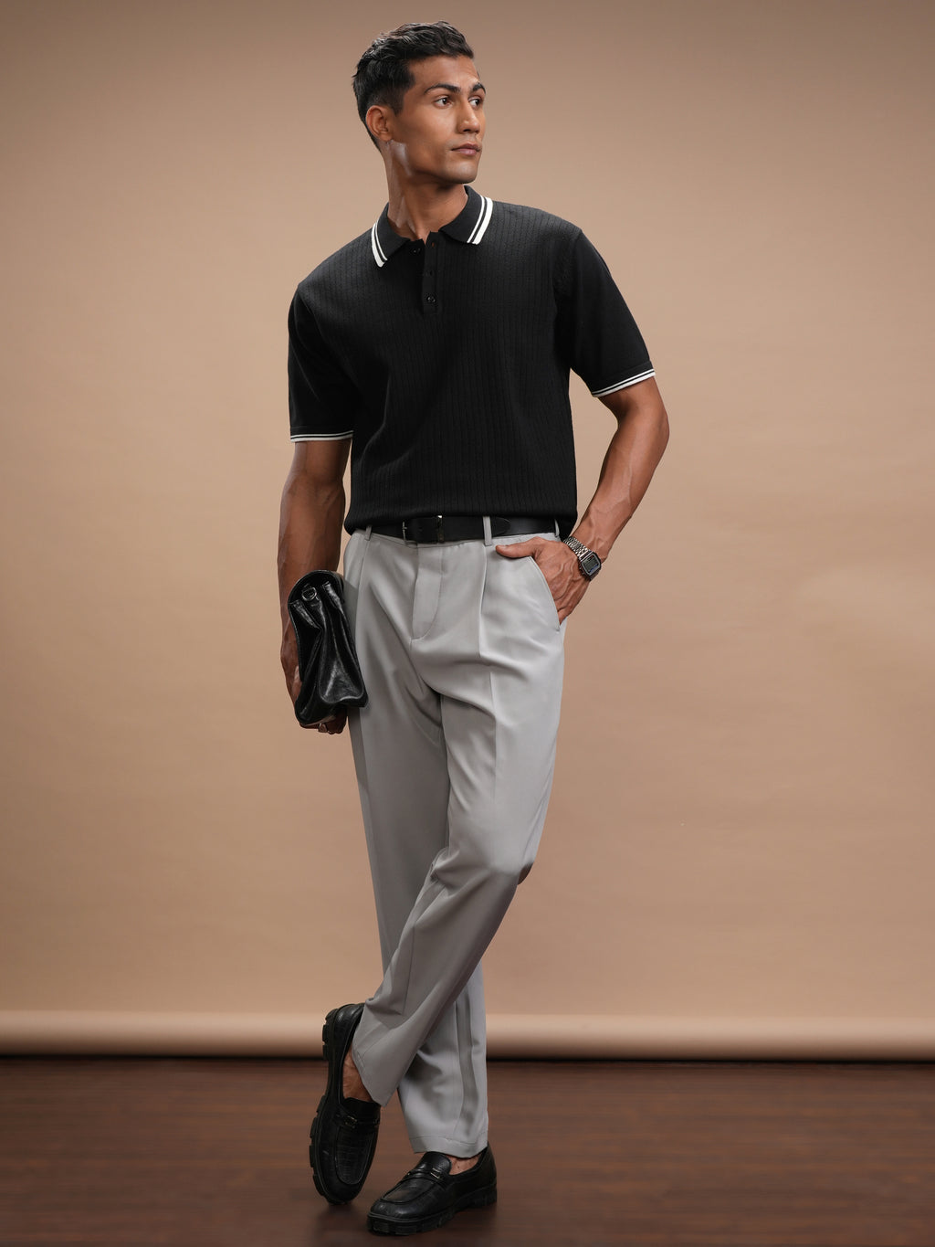 Highlander Men Black Self Design Polo Collar T-Shirt - Black - Image 2
