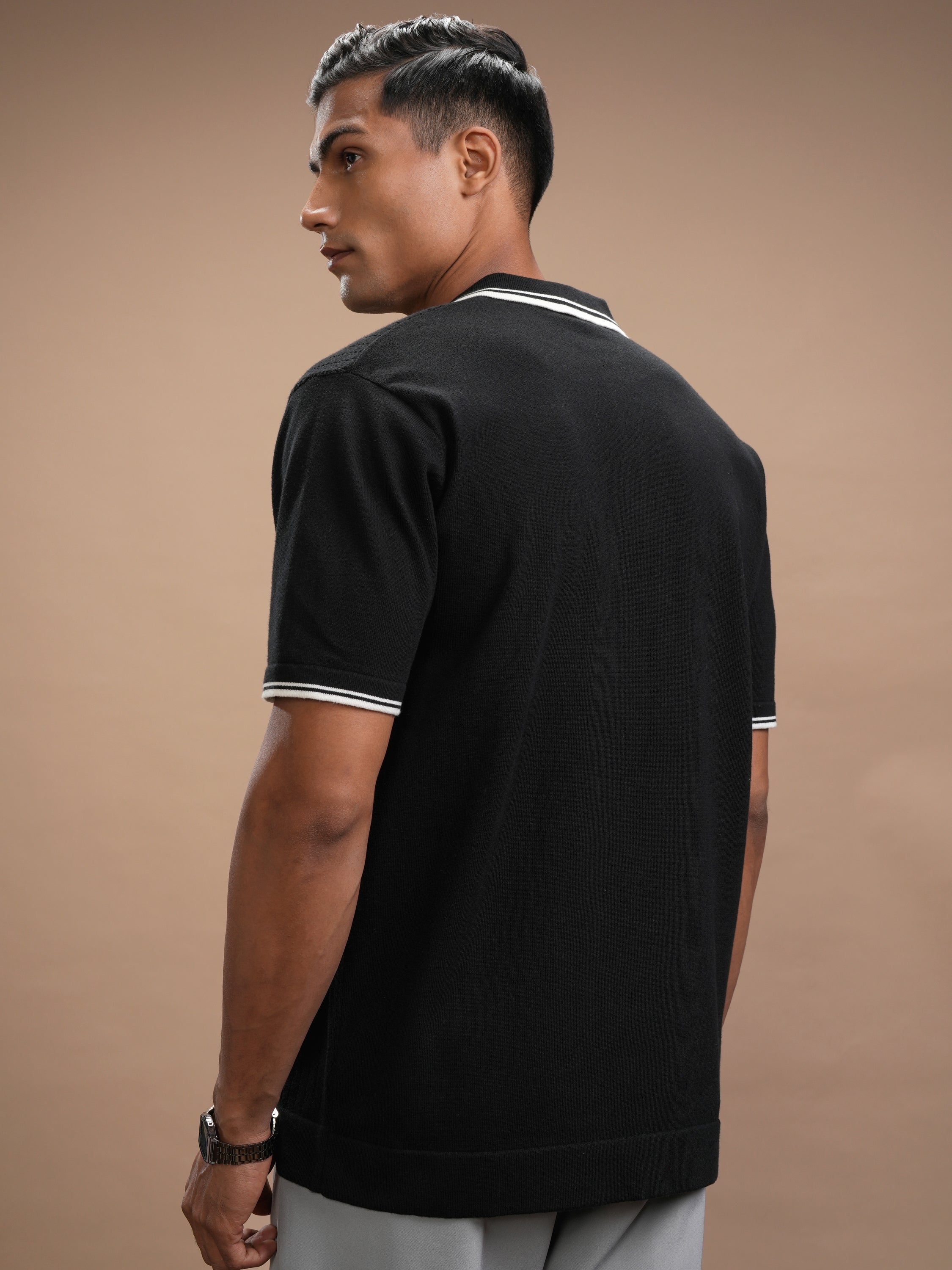 Highlander Men Black Self Design Polo Collar T-Shirt - Black - Image 3
