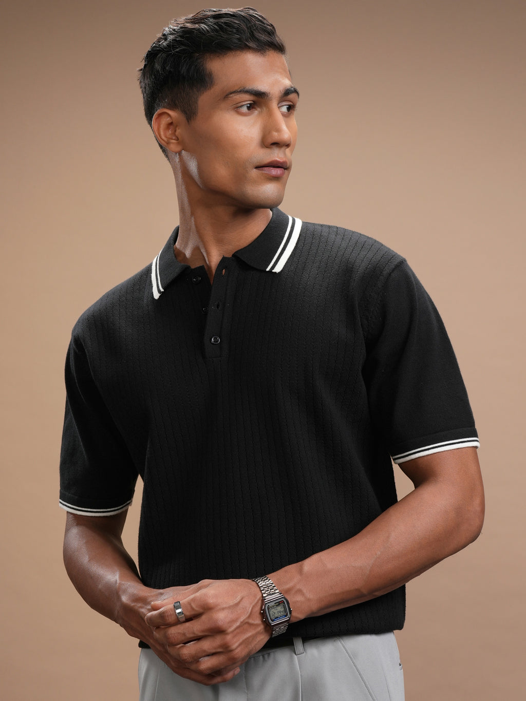Highlander Men Black Self Design Polo Collar T-Shirt - Black - Image 4