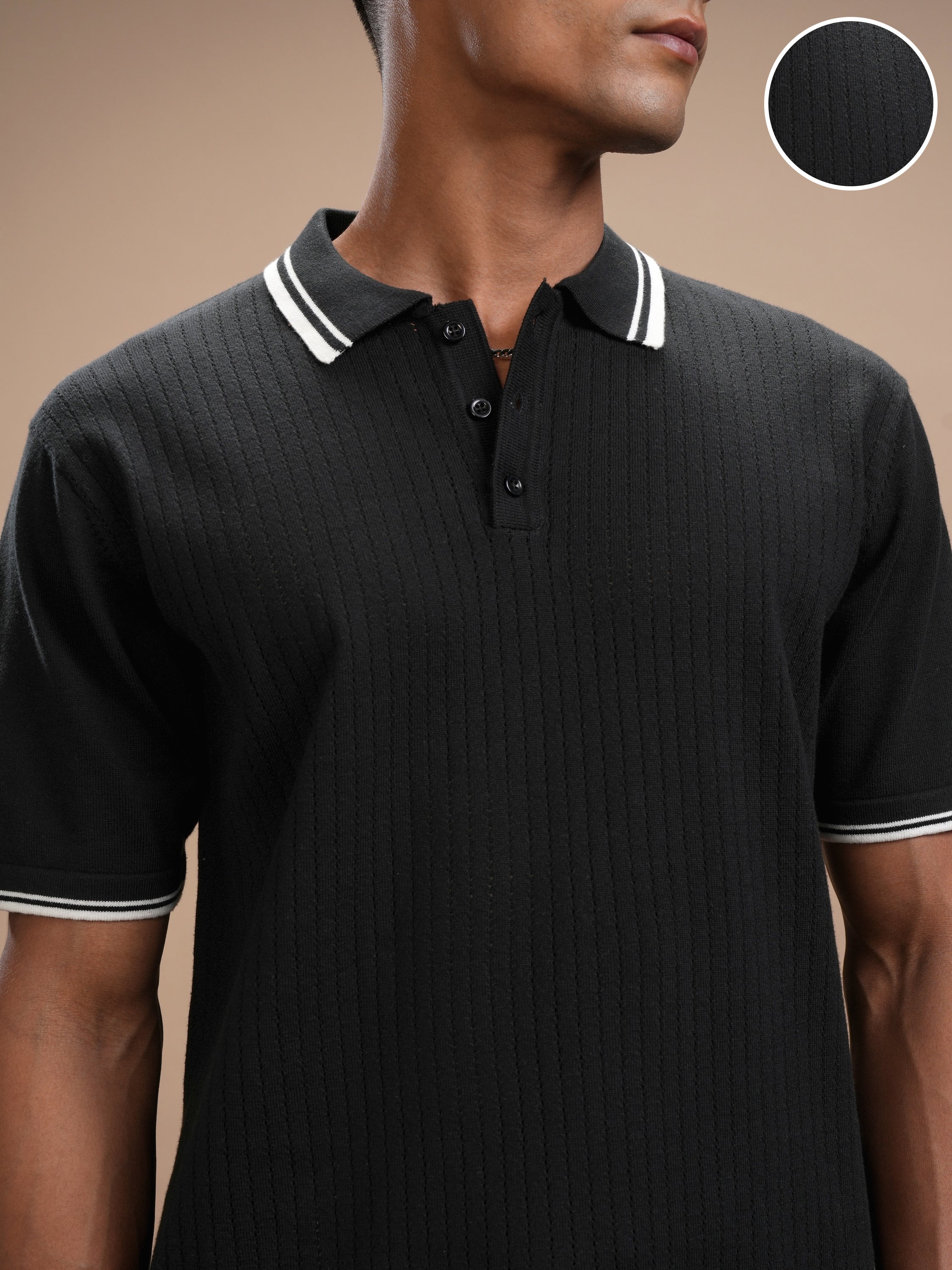Highlander Men Black Self Design Polo Collar T-Shirt - Black - Image 5