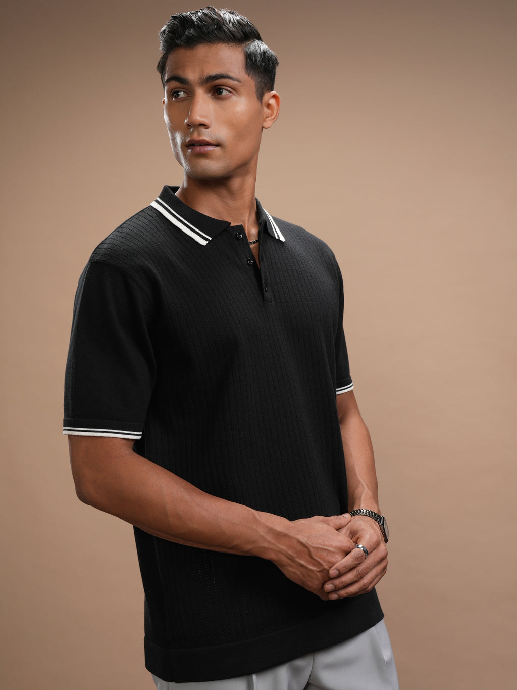 Highlander Men Black Self Design Polo Collar T-Shirt - Black - Image 6