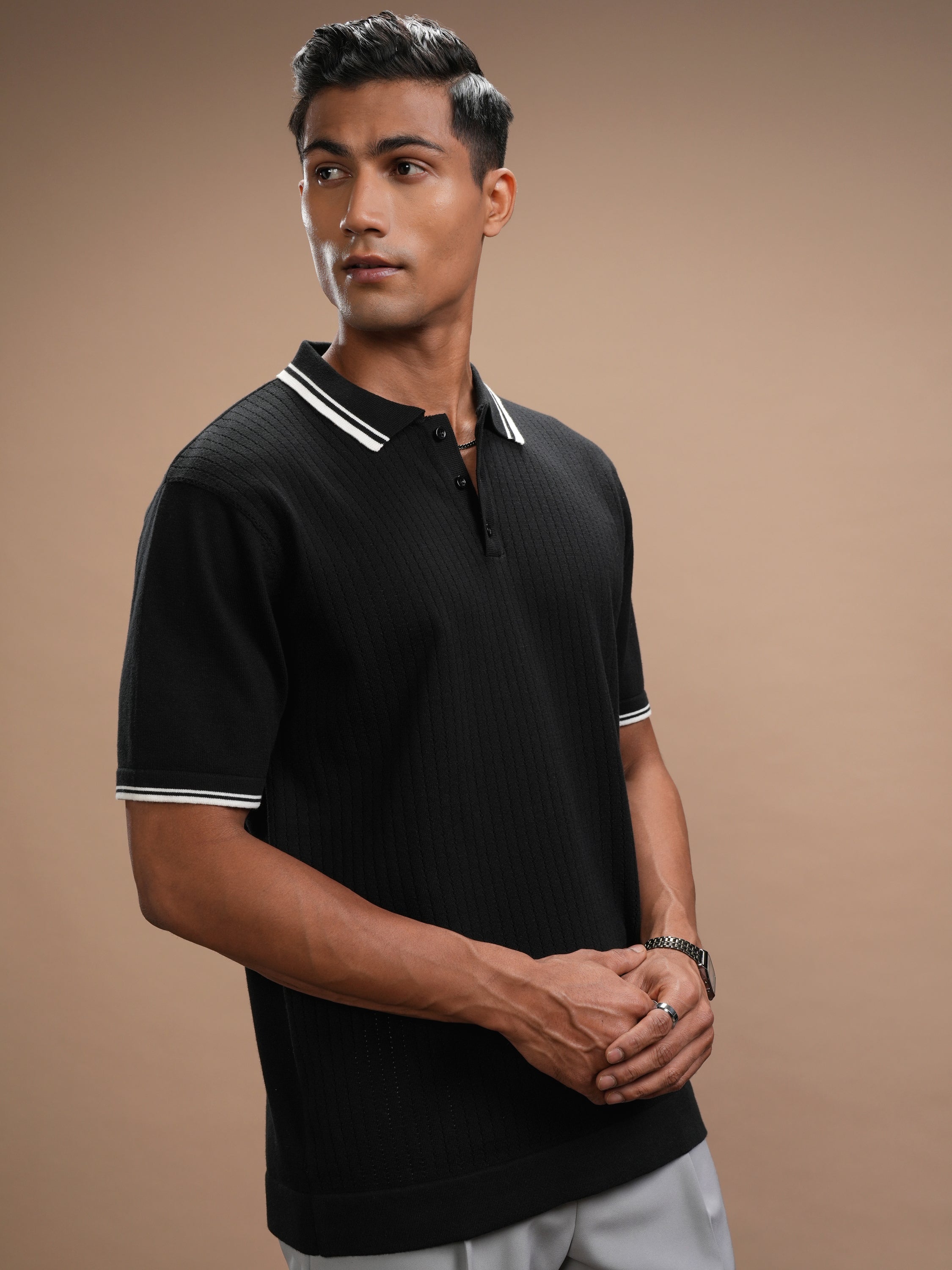 Highlander Men Black Self Design Polo Collar T-Shirt - Black - Image 6