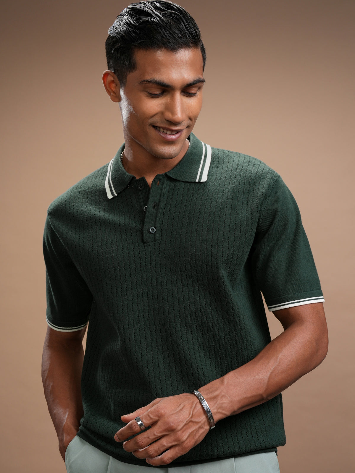 Highlander Men Green Self Design Polo Collar T-Shirt - Green - Image 1