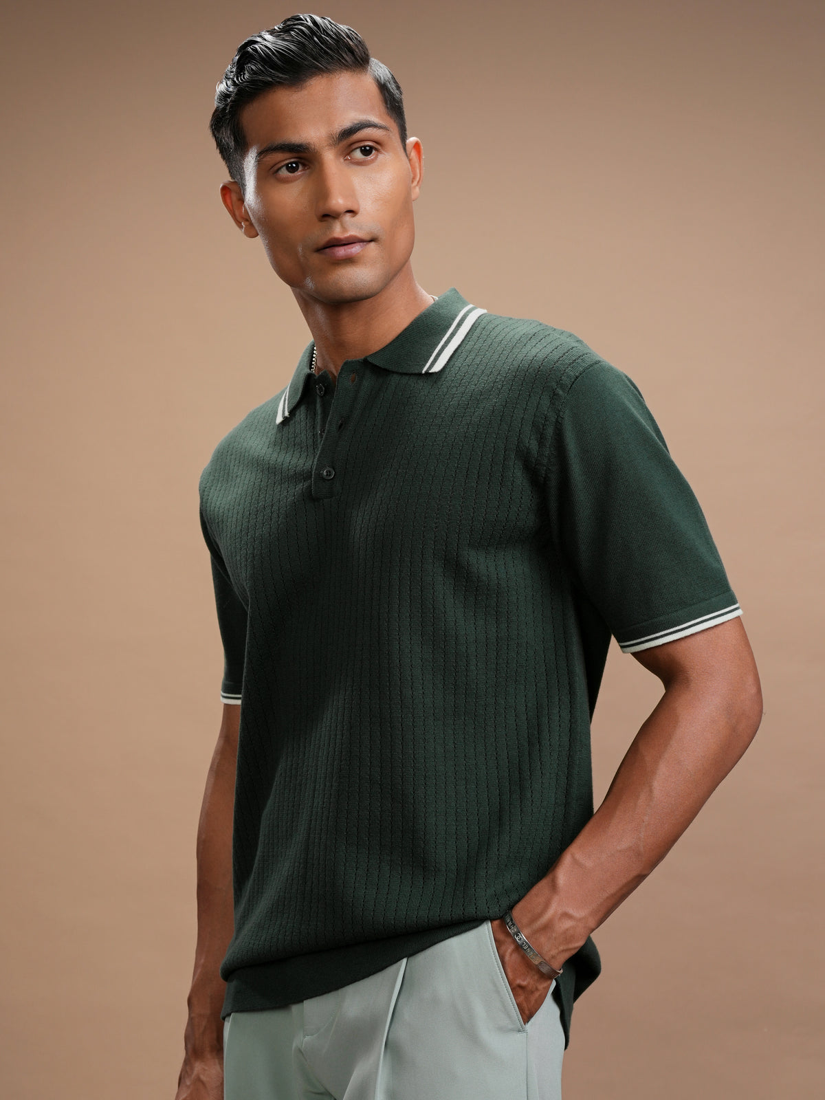 Highlander Men Green Self Design Polo Collar T-Shirt - Green - Image 4