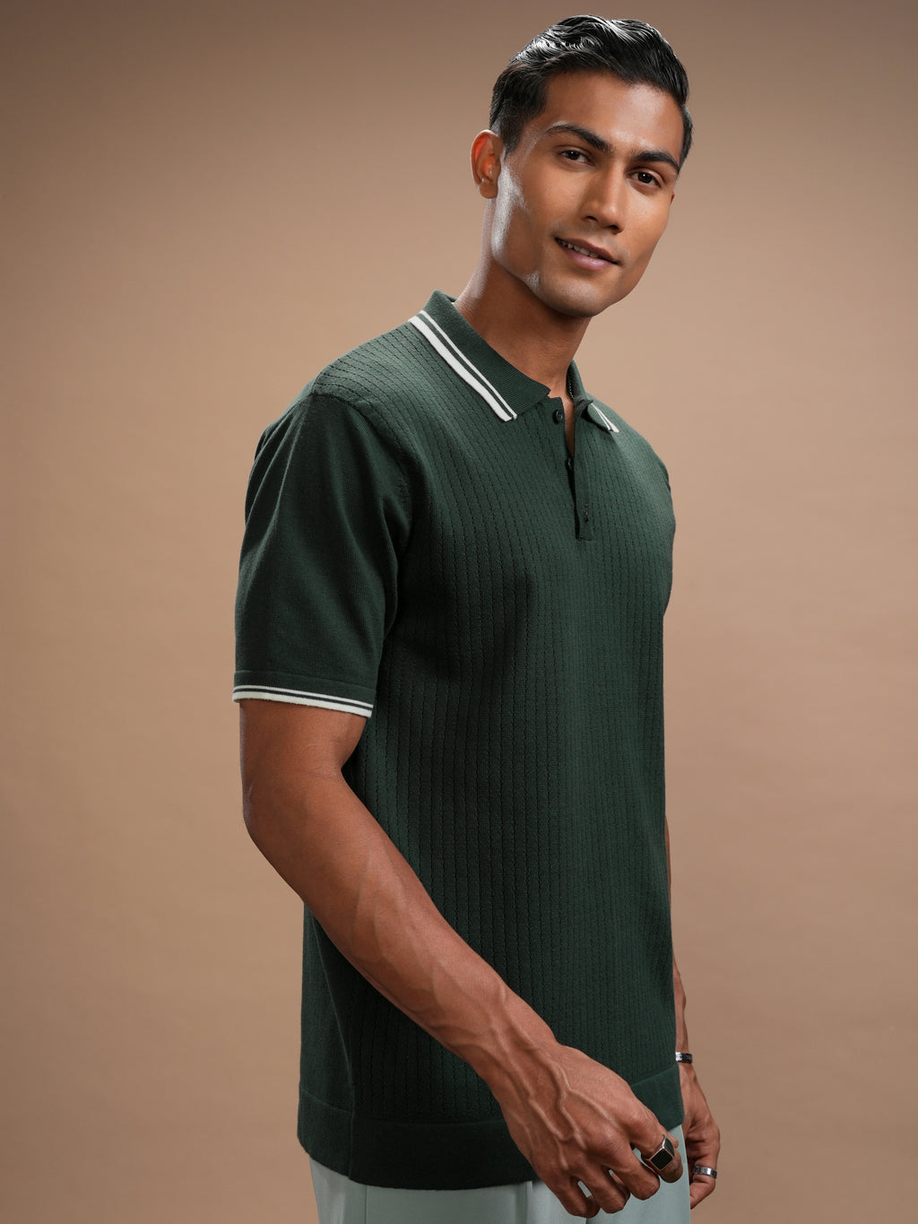 Highlander Men Green Self Design Polo Collar T-Shirt - Green - Image 6