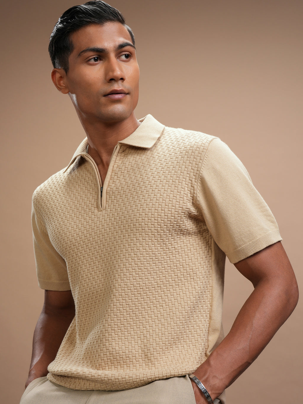 Highlander Men Beige Self Design Polo Collar T-Shirt - Beige - Image 1