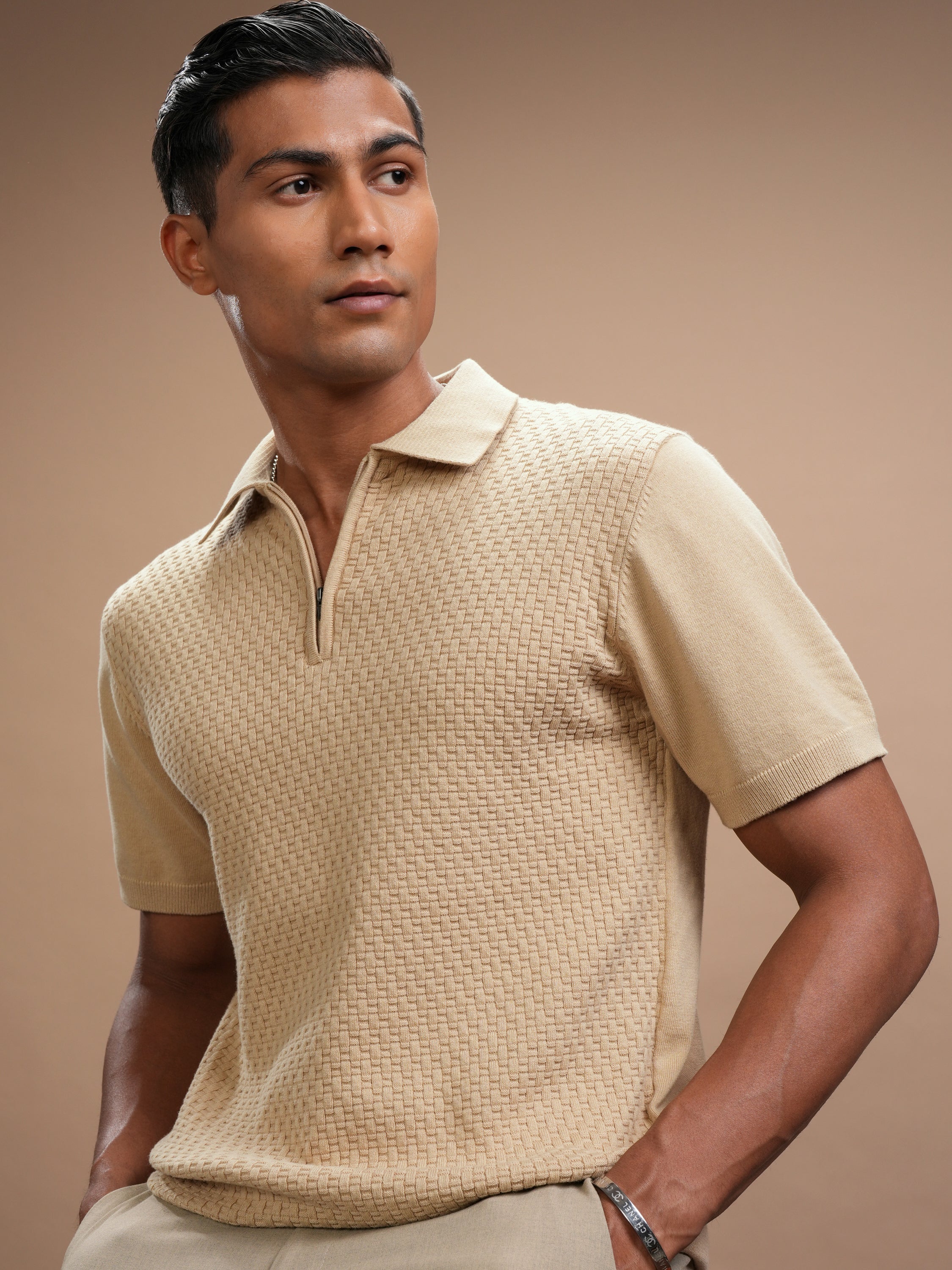 Highlander Men Beige Self Design Polo Collar T-Shirt - Beige - Image 1