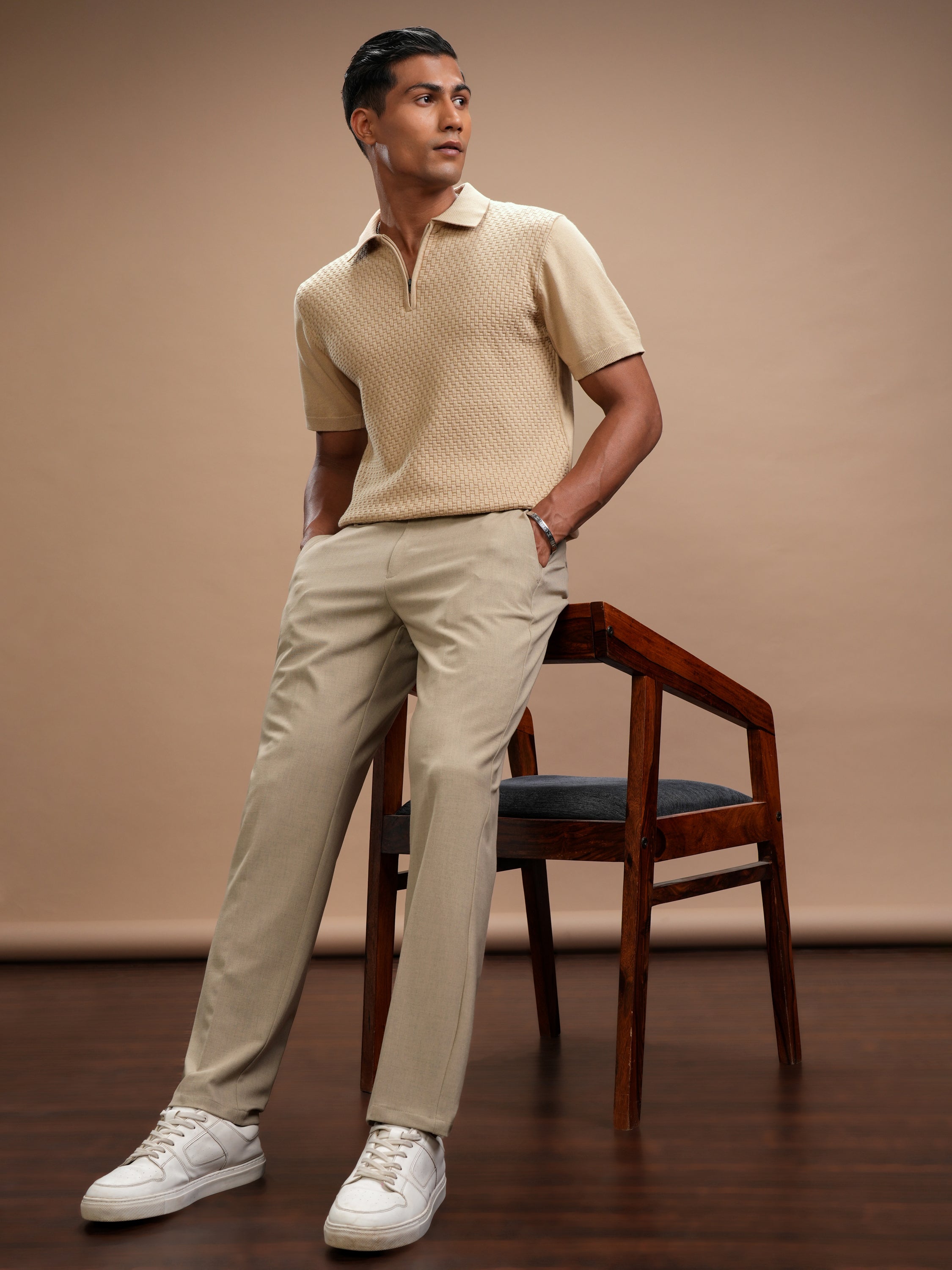 Highlander Men Beige Self Design Polo Collar T-Shirt - Beige - Image 2
