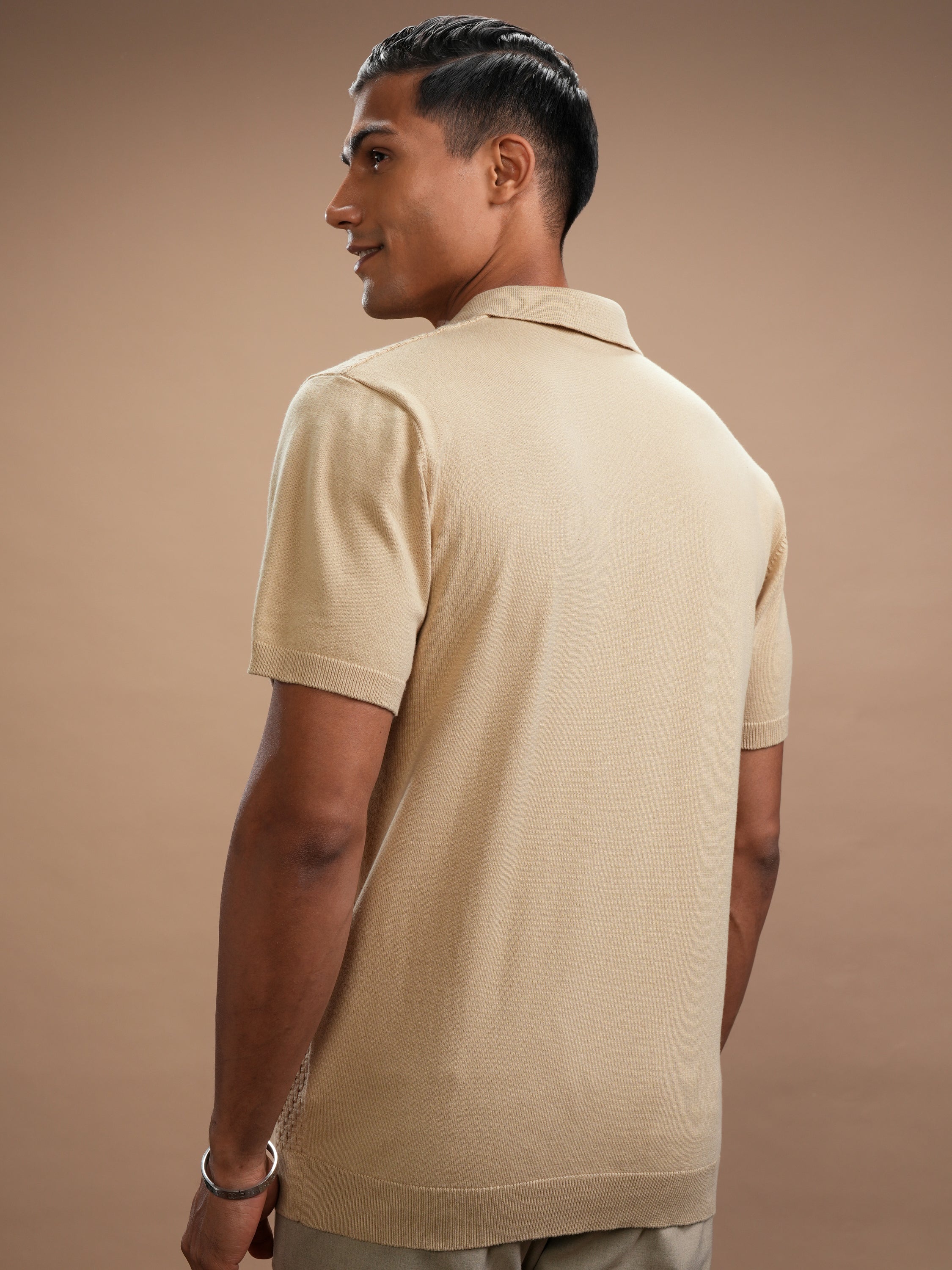 Highlander Men Beige Self Design Polo Collar T-Shirt - Beige - Image 3