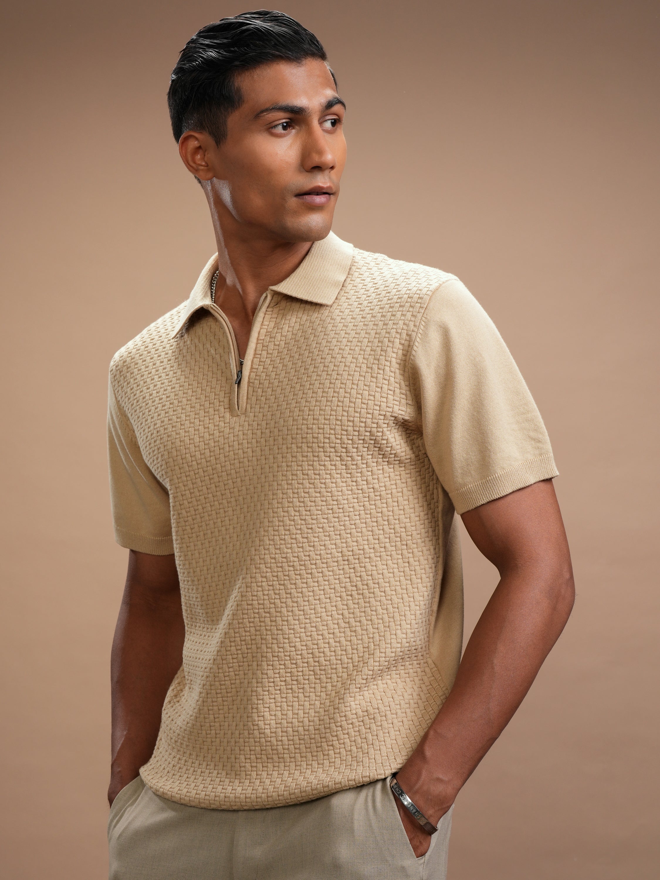 Highlander Men Beige Self Design Polo Collar T-Shirt - Beige - Image 4