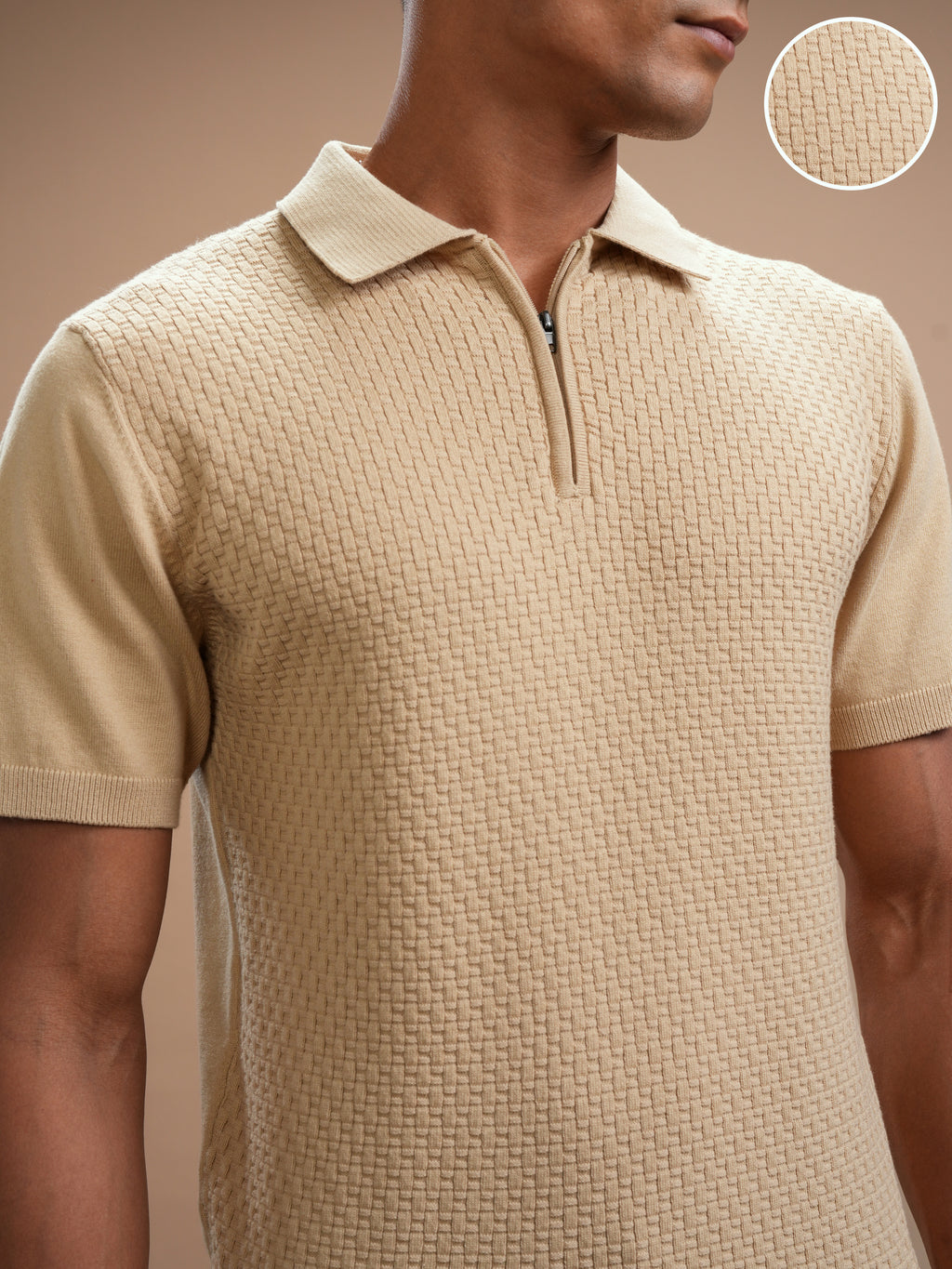 Highlander Men Beige Self Design Polo Collar T-Shirt - Beige - Image 5