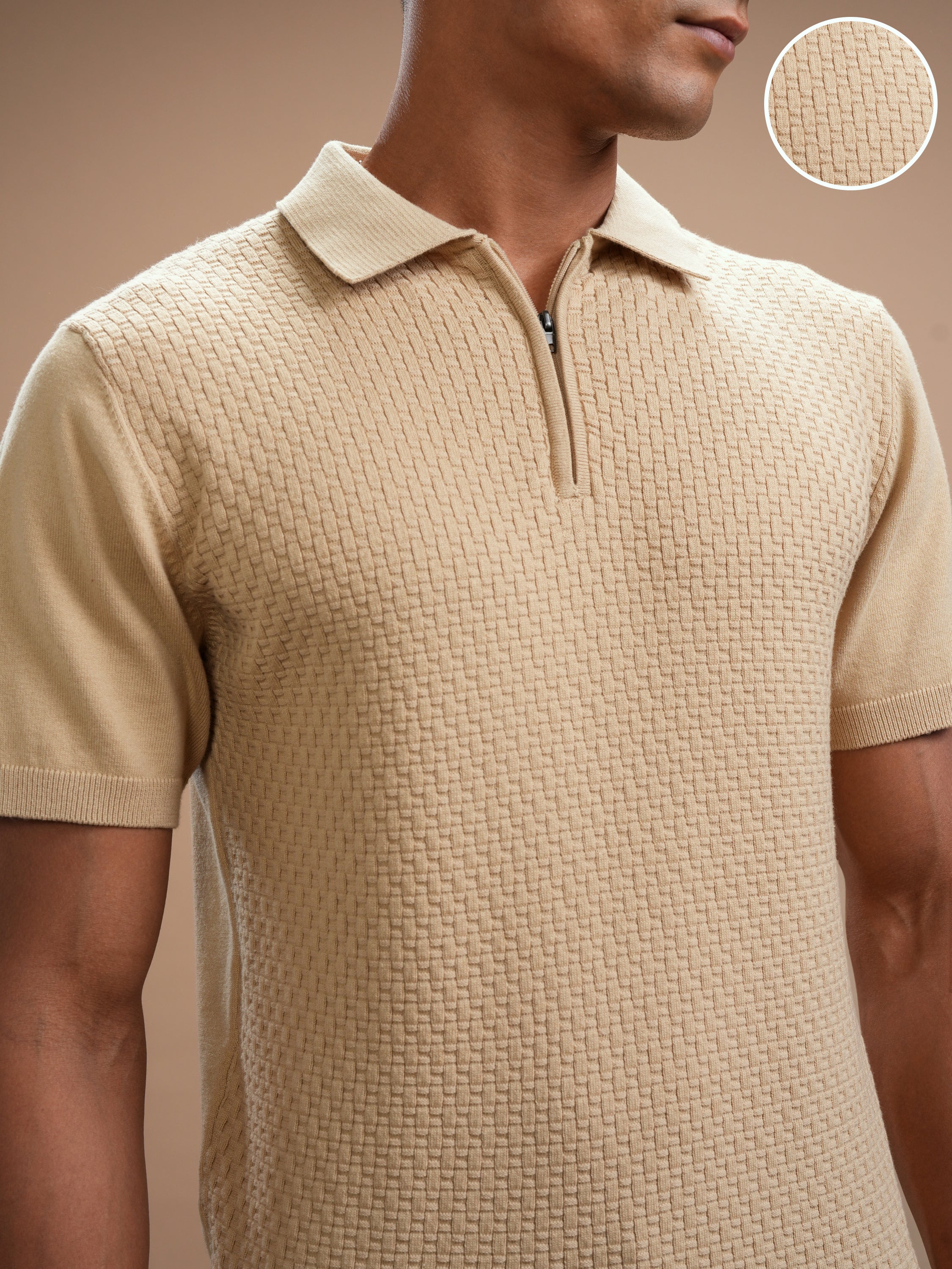 Highlander Men Beige Self Design Polo Collar T-Shirt - Beige - Image 5