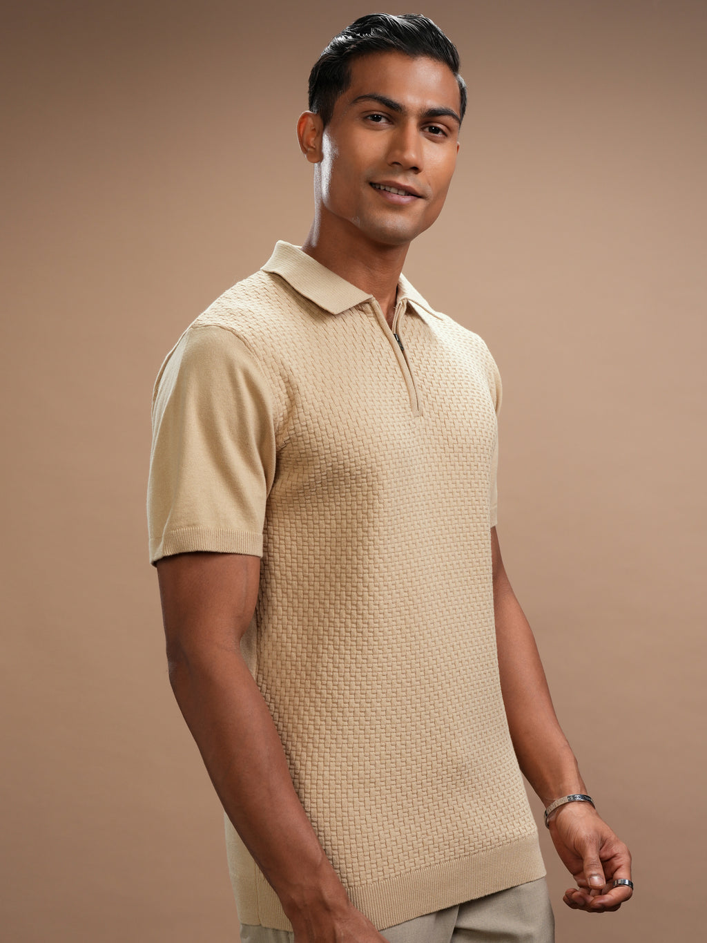 Highlander Men Beige Self Design Polo Collar T-Shirt - Beige - Image 6
