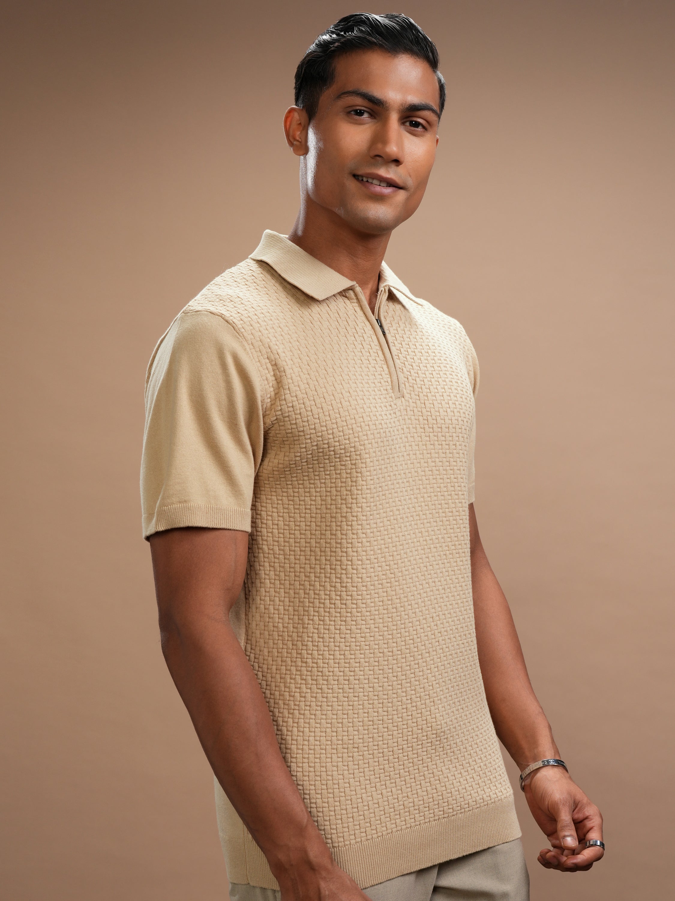 Highlander Men Beige Self Design Polo Collar T-Shirt - Beige - Image 6