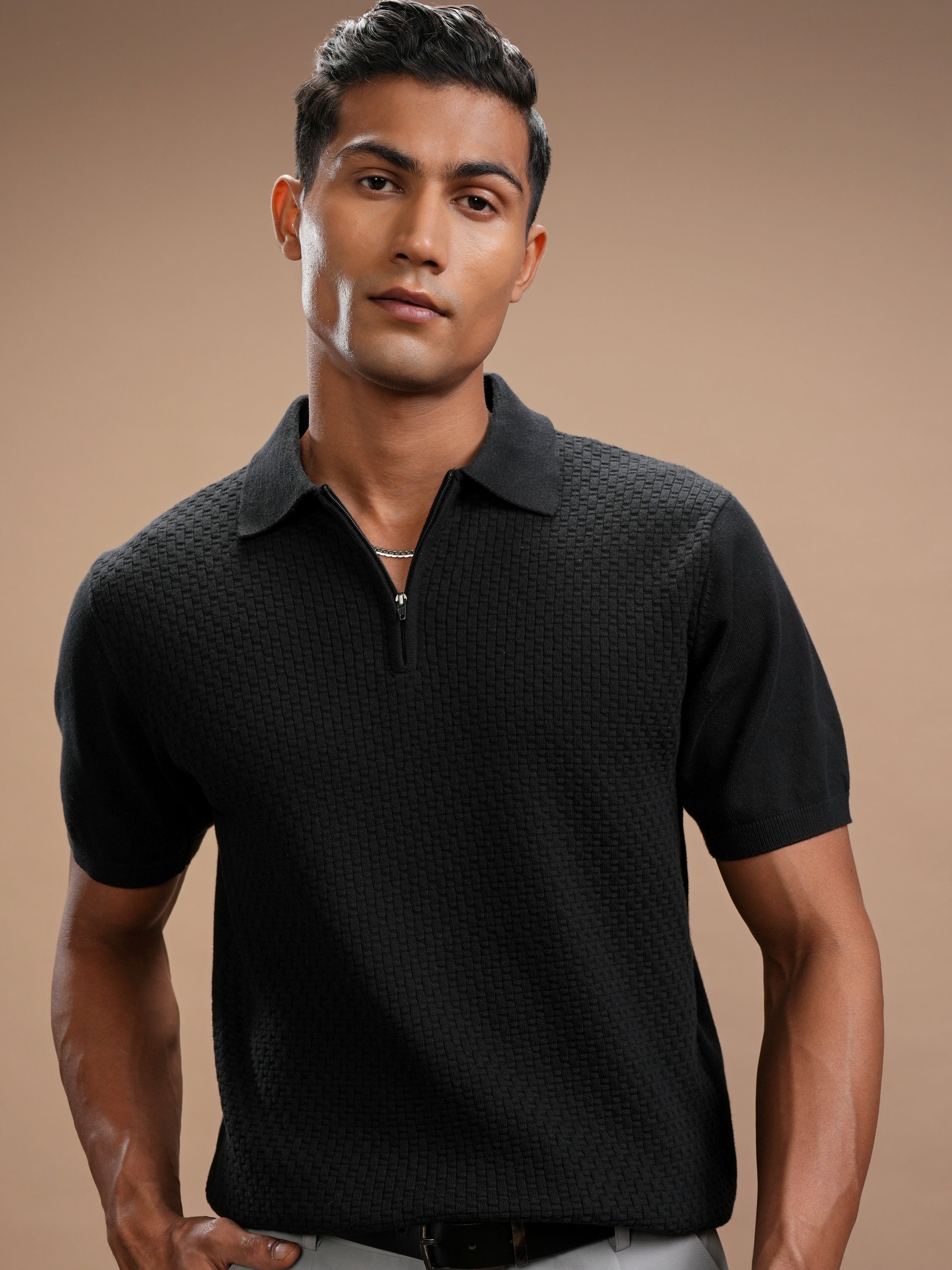 Highlander Men Black Self Design Polo Collar T-Shirt - Black - Image 1
