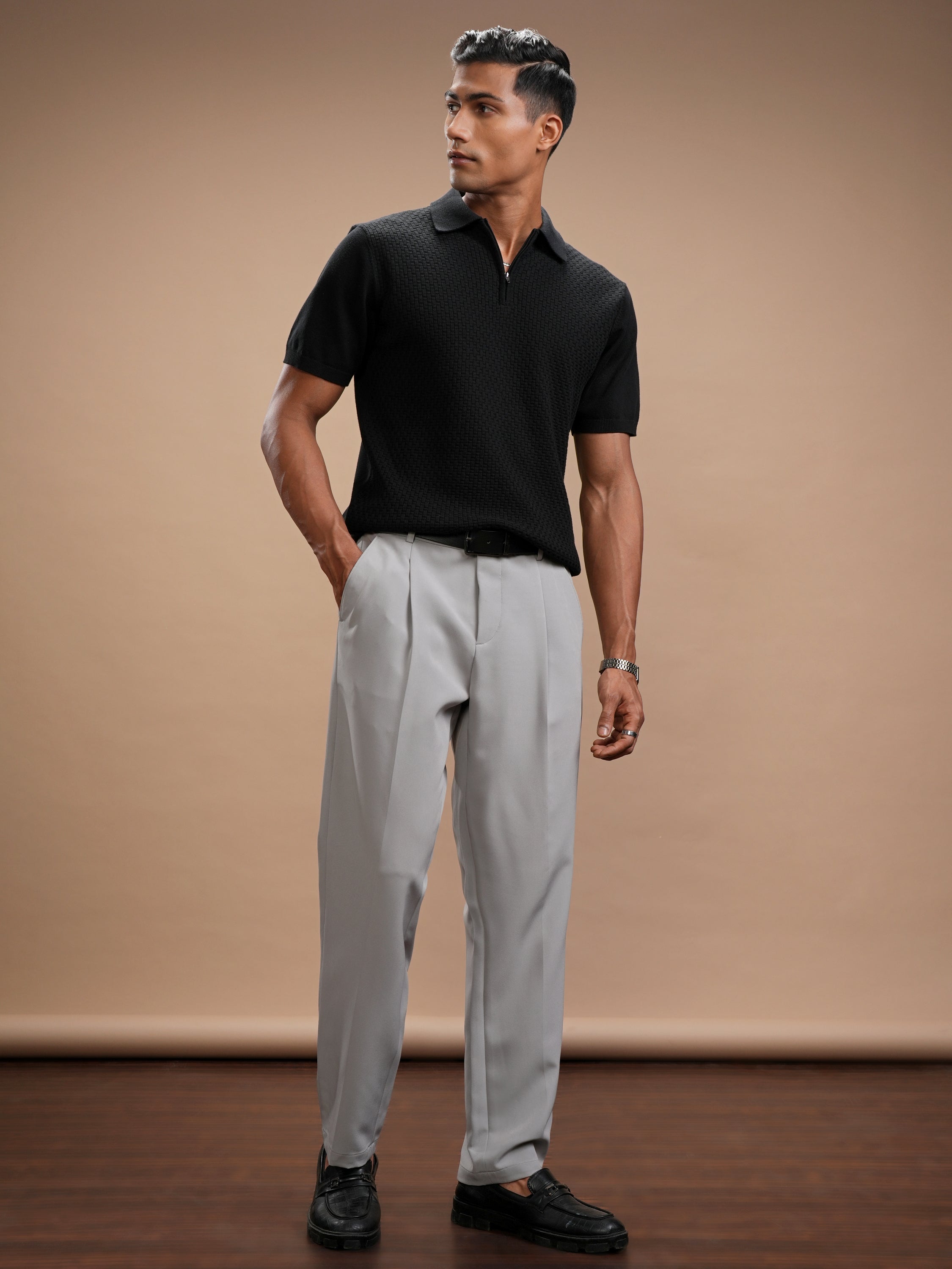 Highlander Men Black Self Design Polo Collar T-Shirt - Black - Image 2