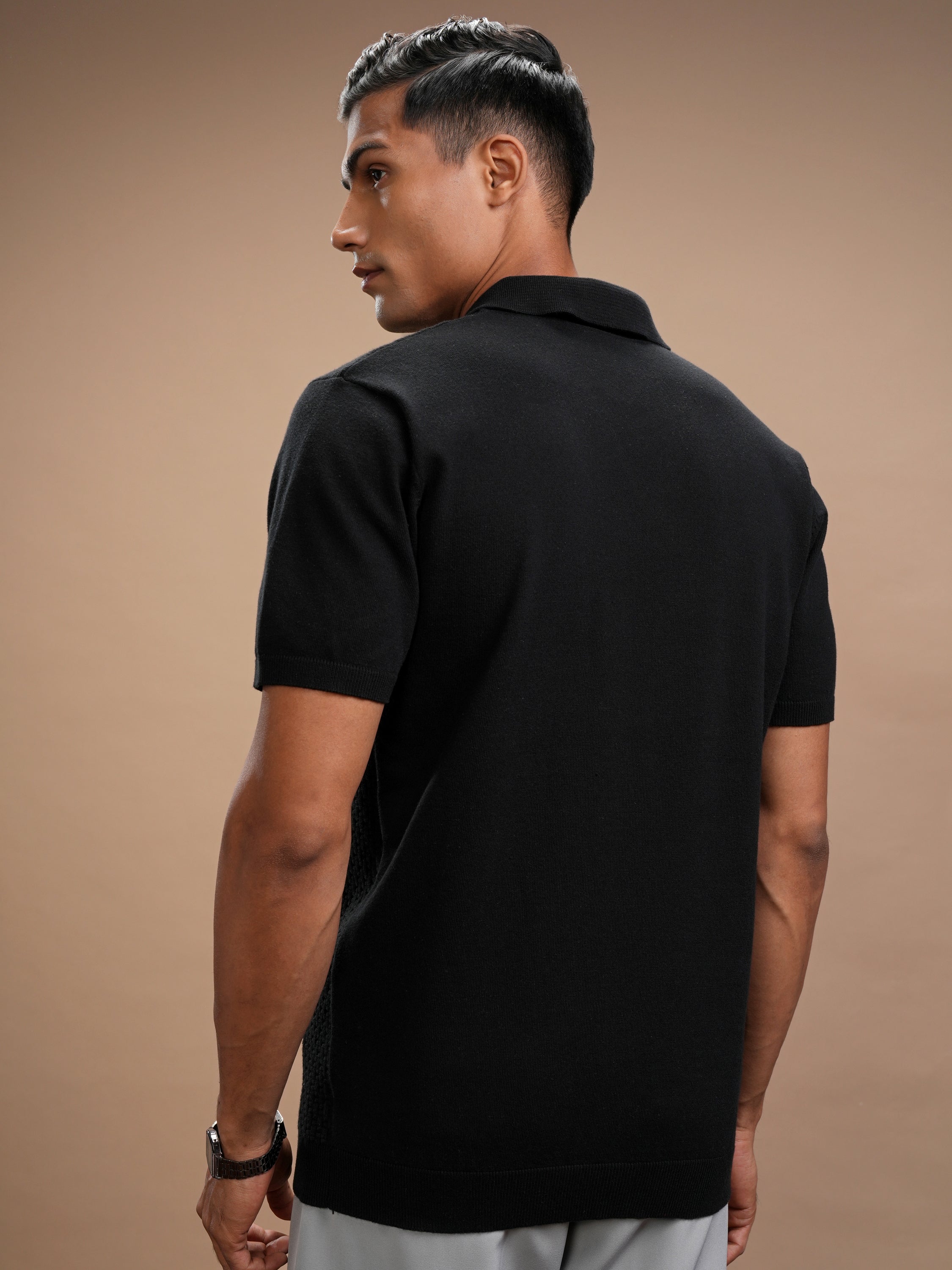 Highlander Men Black Self Design Polo Collar T-Shirt - Black - Image 3