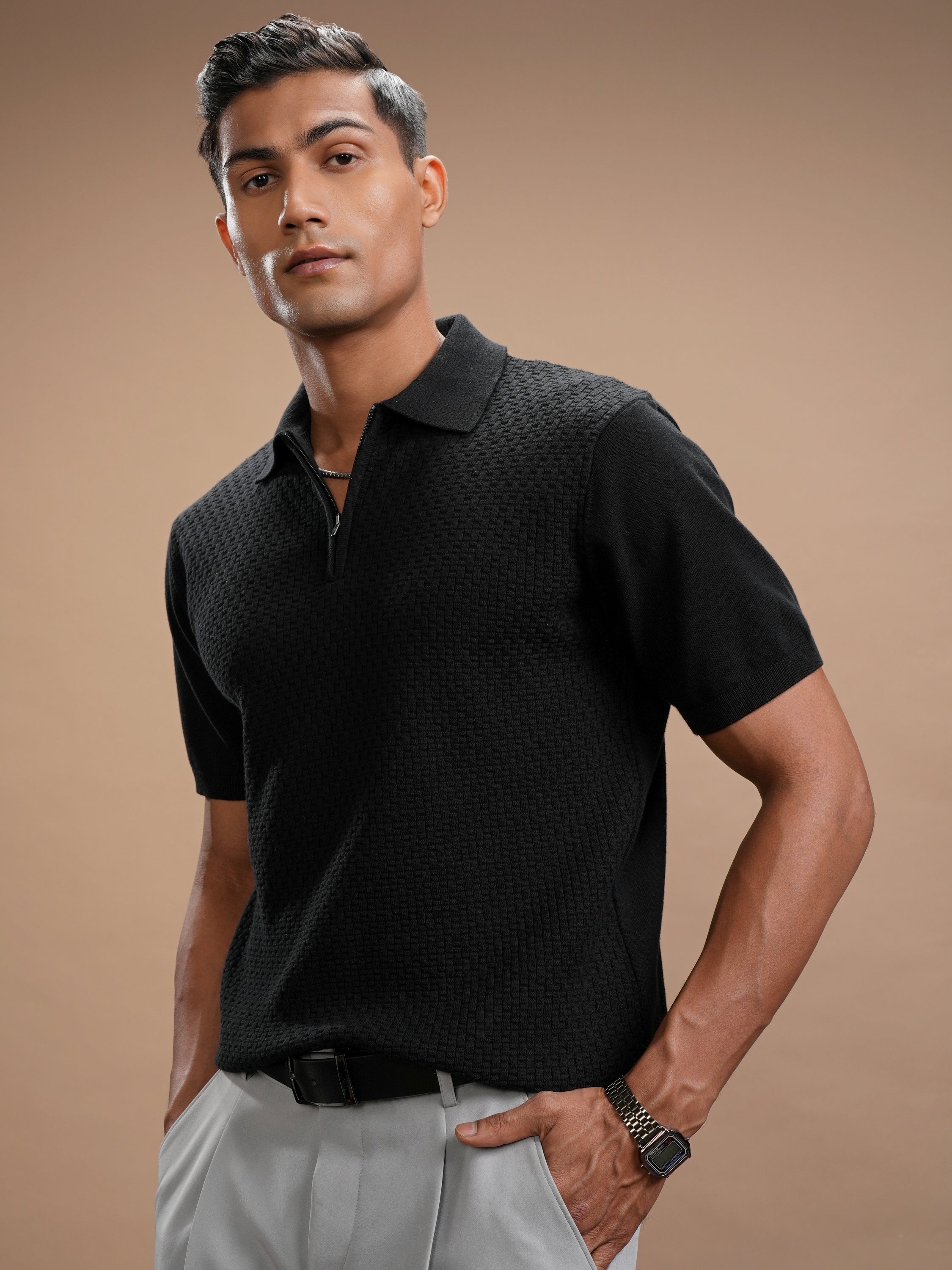 Highlander Men Black Self Design Polo Collar T-Shirt - Black - Image 4