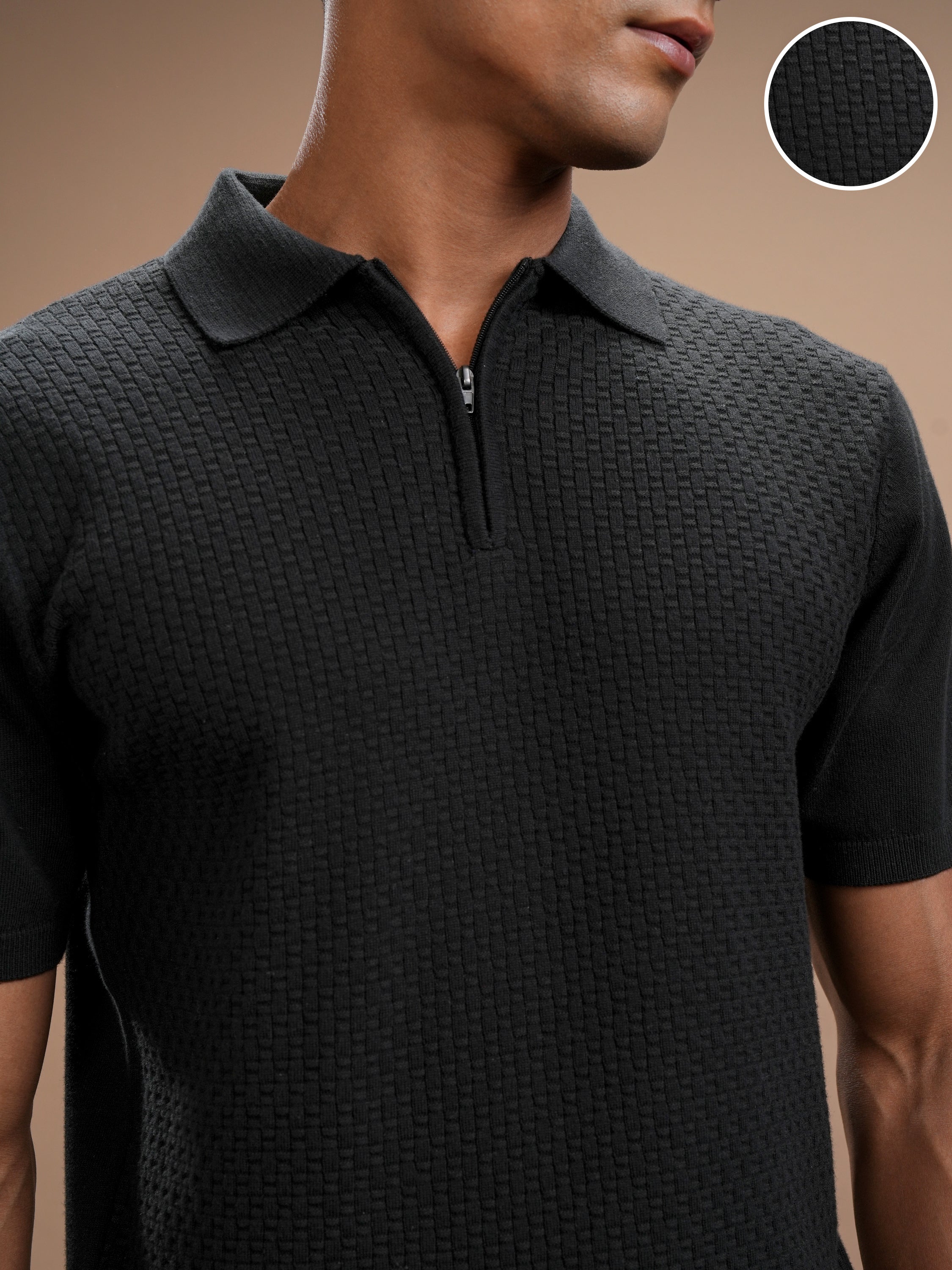 Highlander Men Black Self Design Polo Collar T-Shirt - Black - Image 5