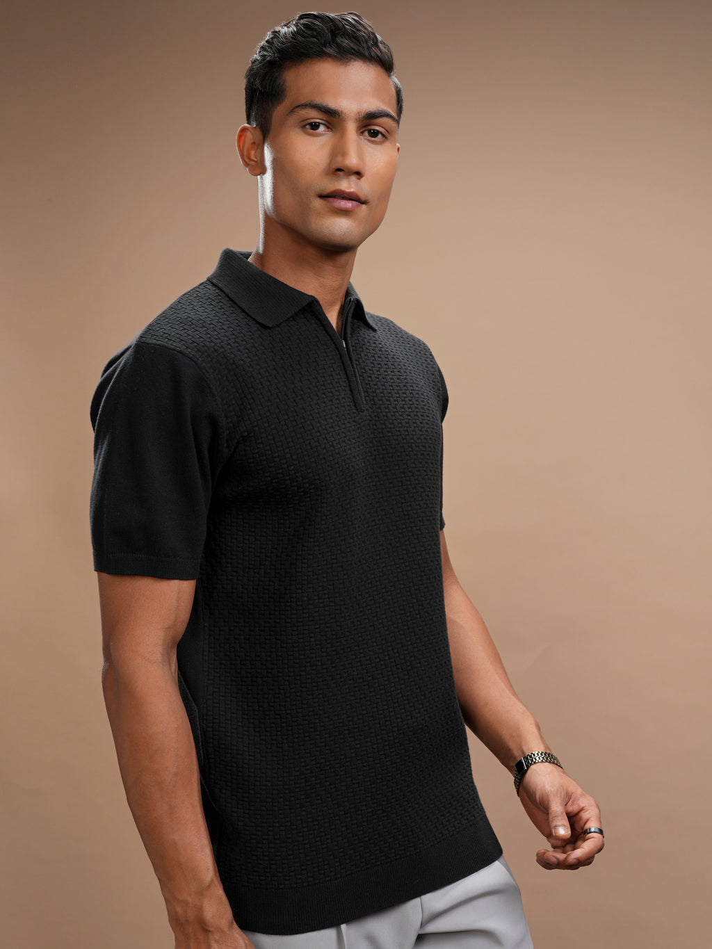 Highlander Men Black Self Design Polo Collar T-Shirt - Black - Image 6