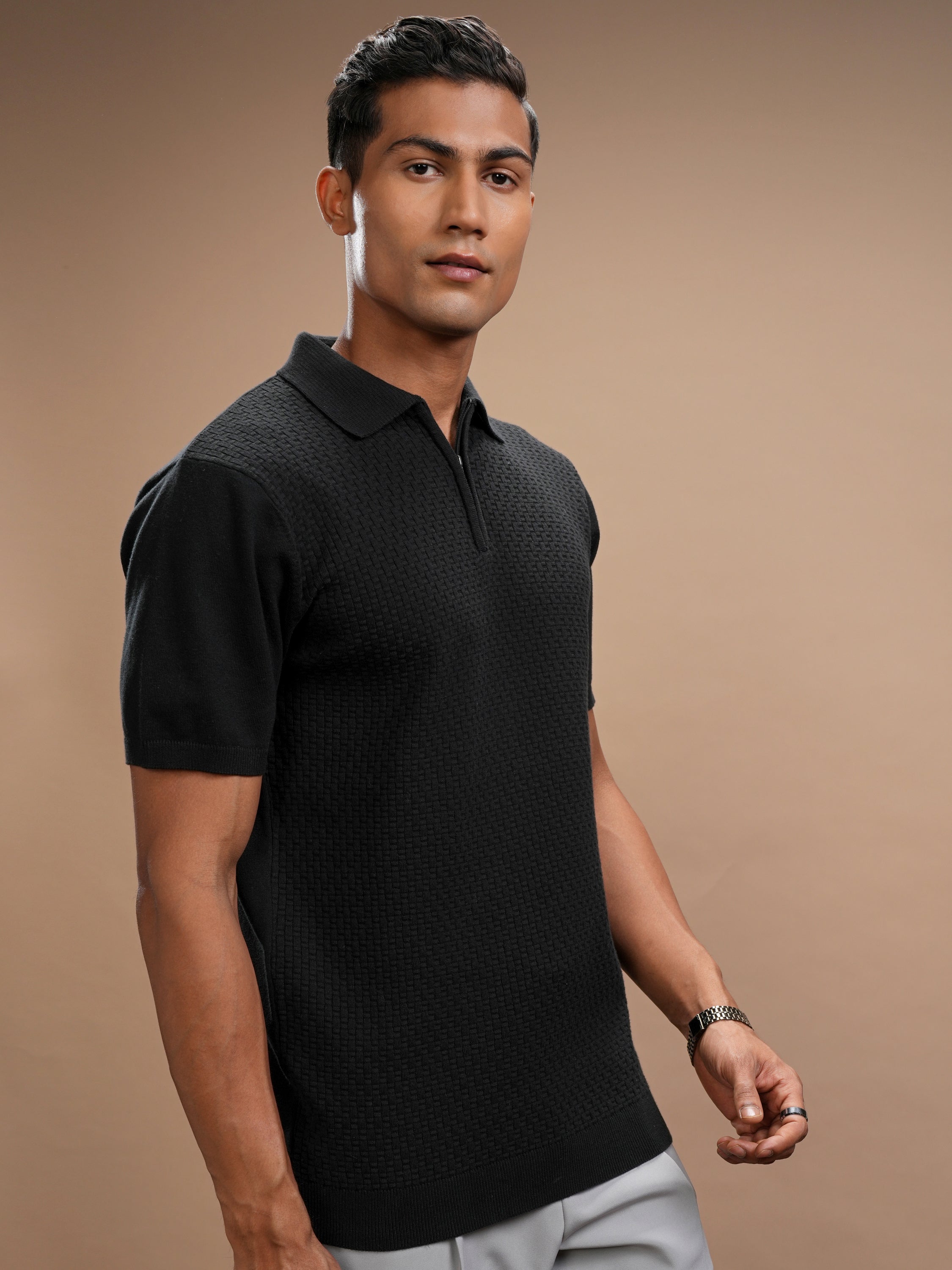 Highlander Men Black Self Design Polo Collar T-Shirt - Black - Image 6