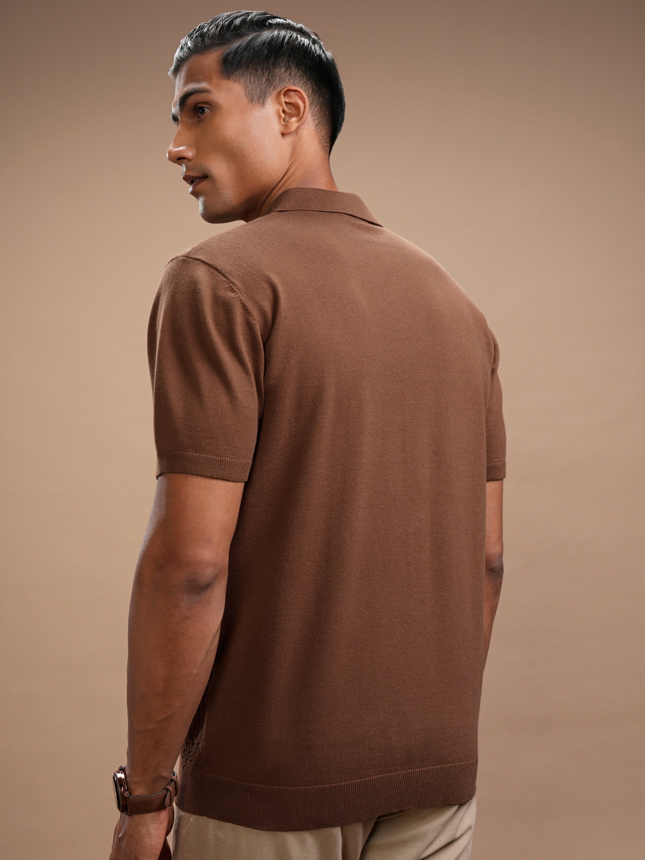Highlander Men Brown Self Design Polo Collar Regular Fit T-Shirt - Brown - Image 3