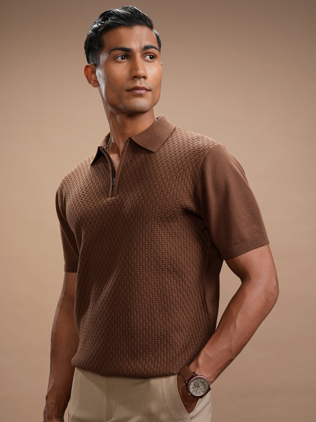 Highlander Men Brown Self Design Polo Collar Regular Fit T-Shirt - Brown - Image 4