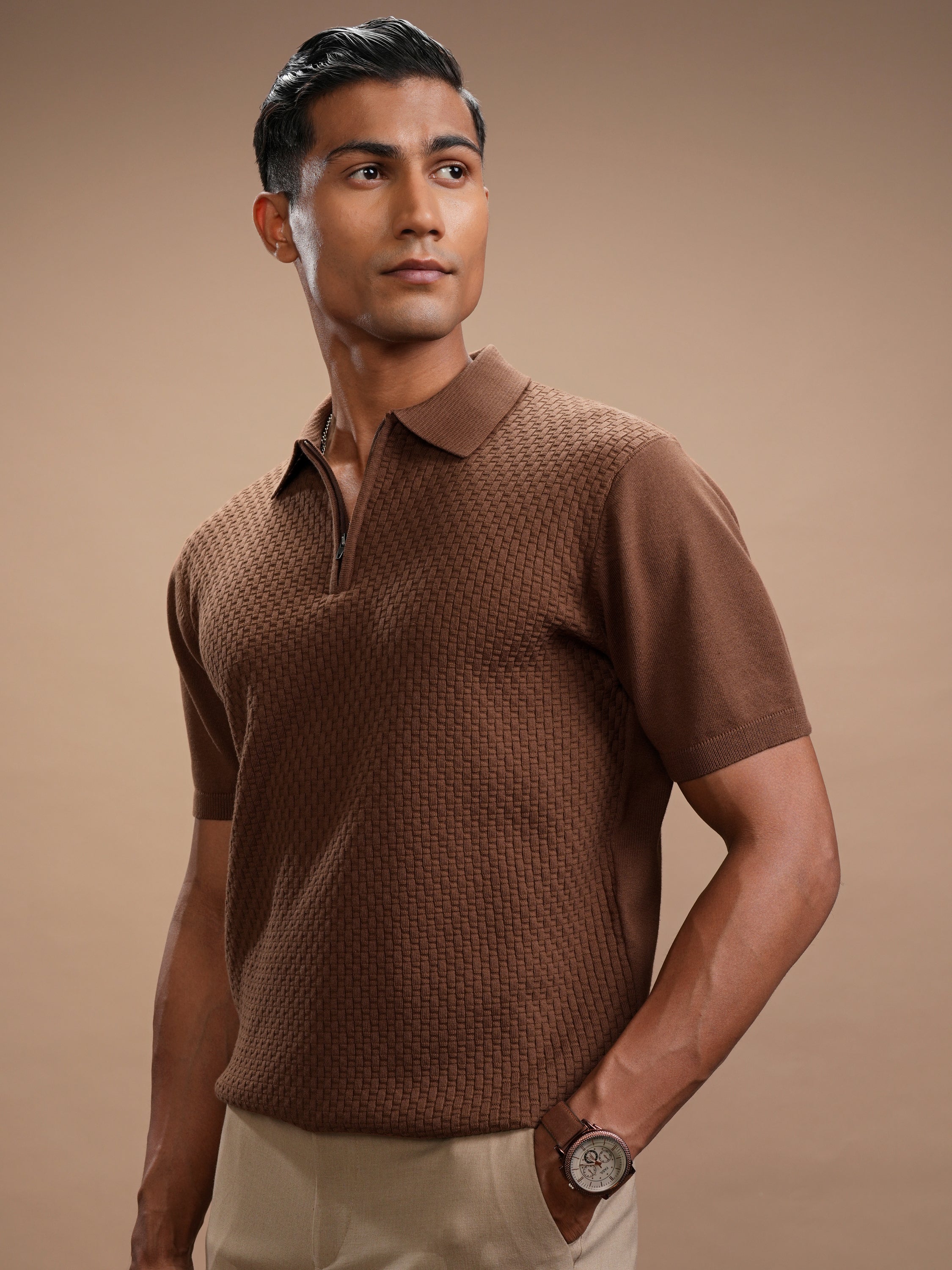 Highlander Men Brown Self Design Polo Collar Regular Fit T-Shirt - Brown - Image 4