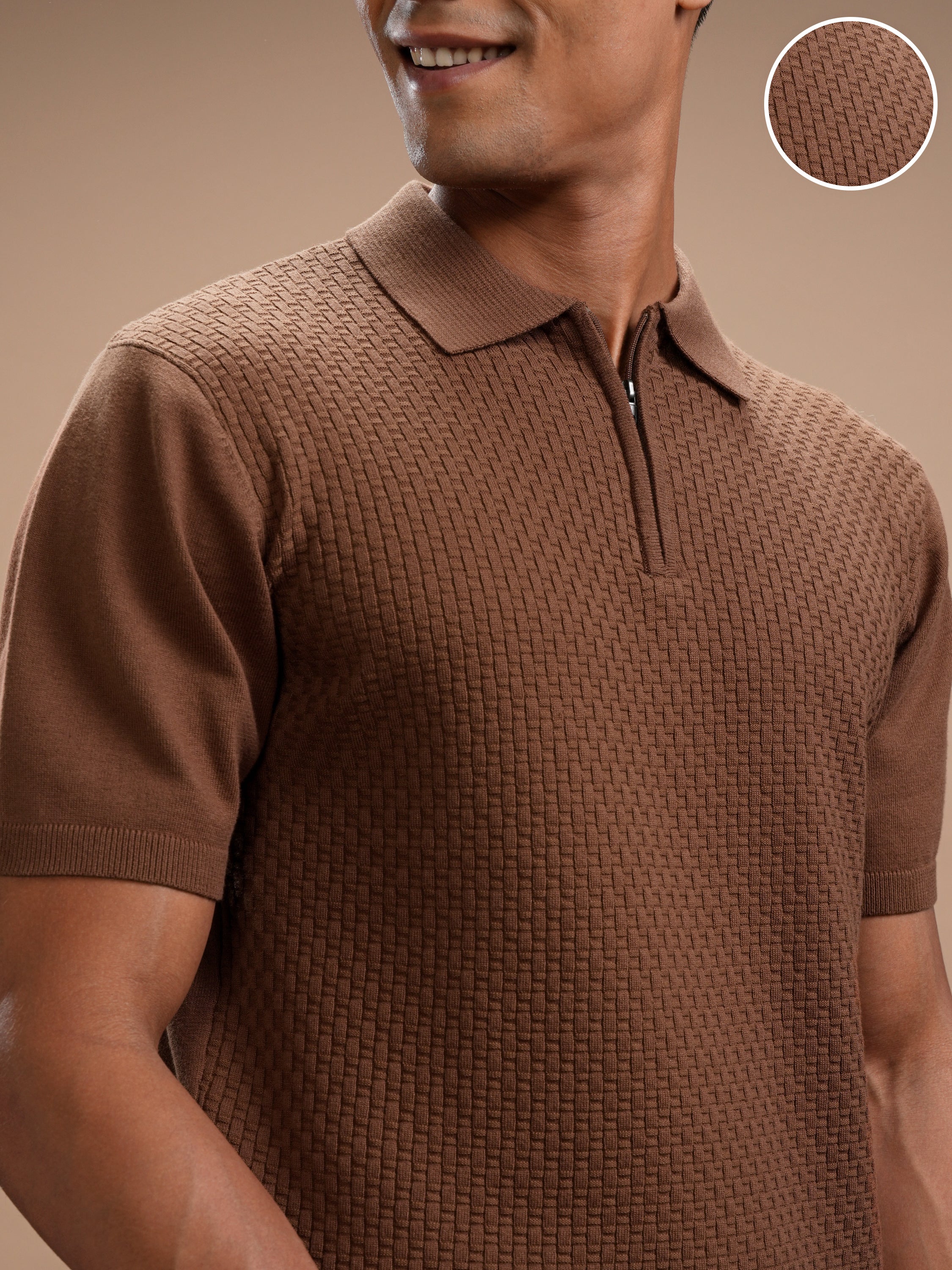 Highlander Men Brown Self Design Polo Collar Regular Fit T-Shirt - Brown - Image 5