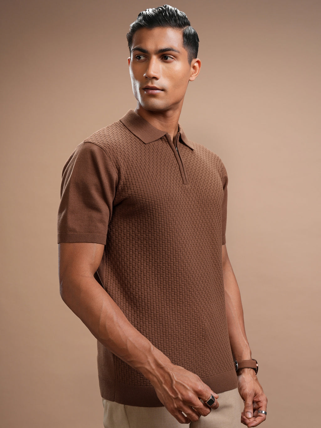 Highlander Men Brown Self Design Polo Collar Regular Fit T-Shirt - Brown - Image 6