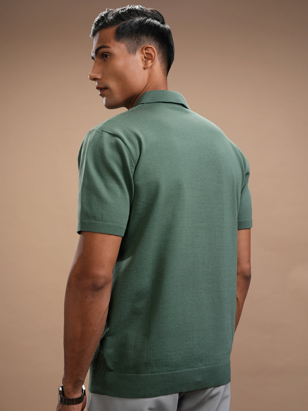 Highlander Men Green Self Design Polo Collar Regular Fit T-Shirt - Green - Image 3