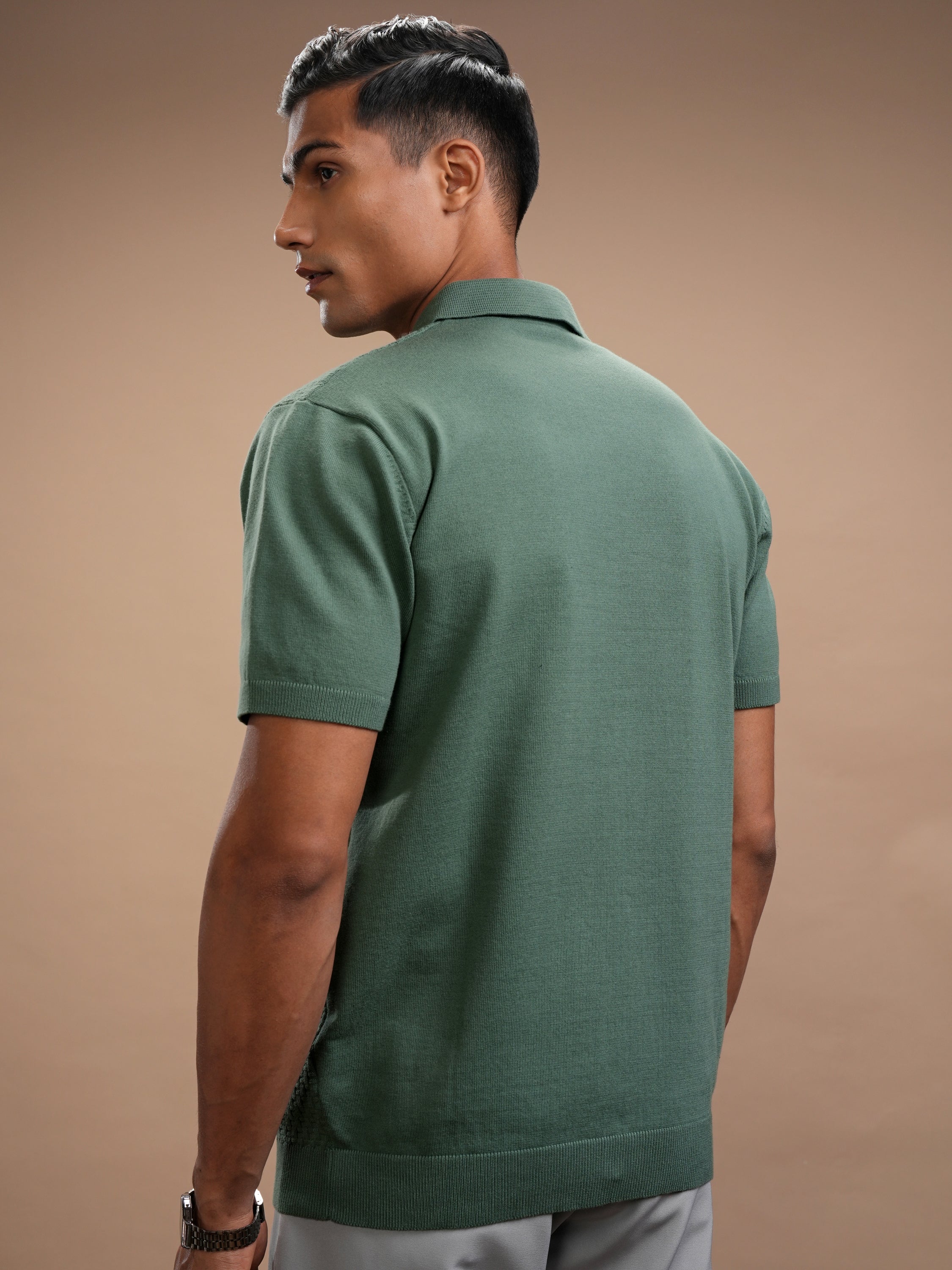 Highlander Men Green Self Design Polo Collar Regular Fit T-Shirt - Green - Image 3