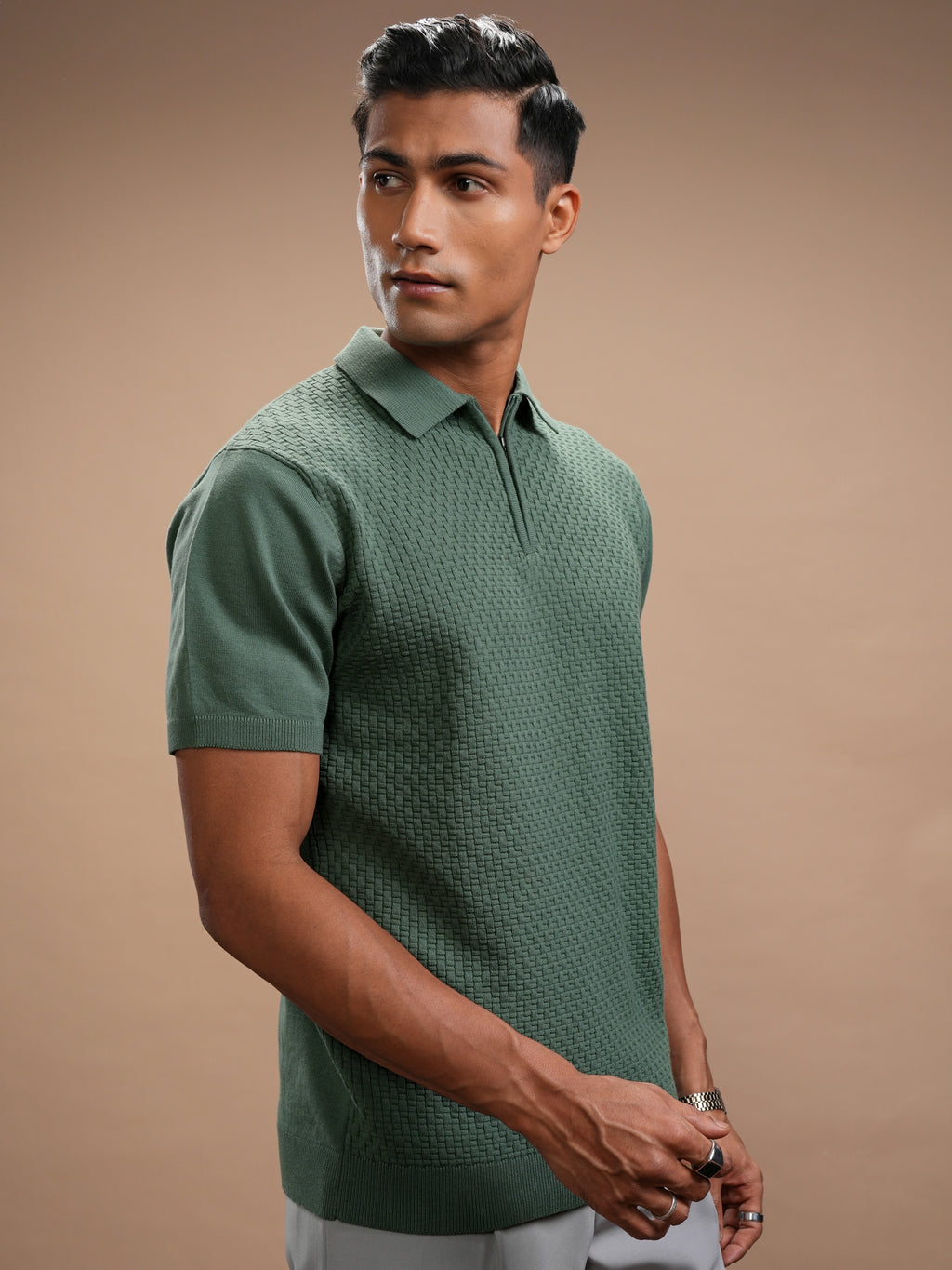 Highlander Men Green Self Design Polo Collar Regular Fit T-Shirt - Green - Image 6