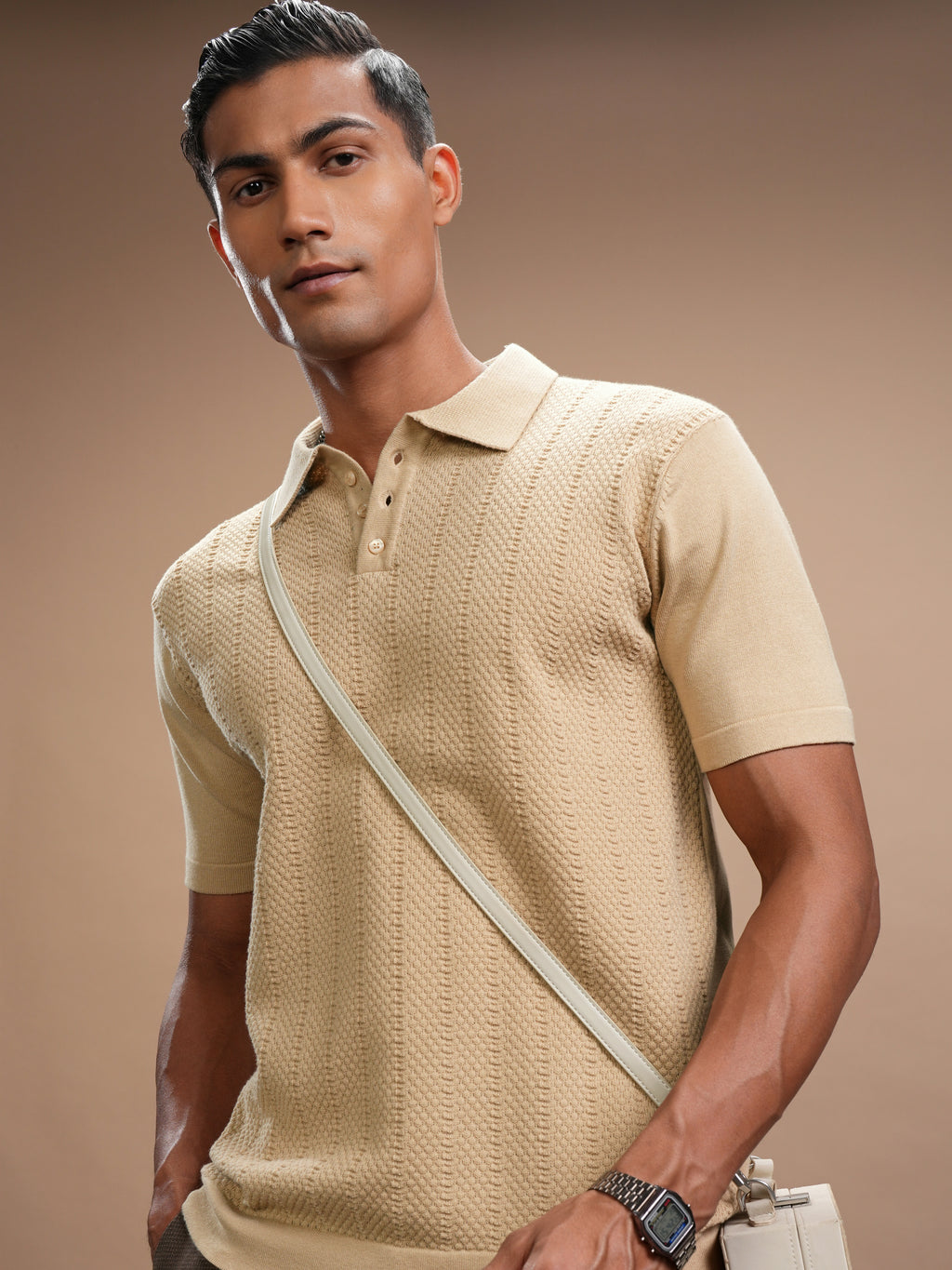 Highlander Men Beige Self Design Polo Collar T-Shirt - Beige - Image 1