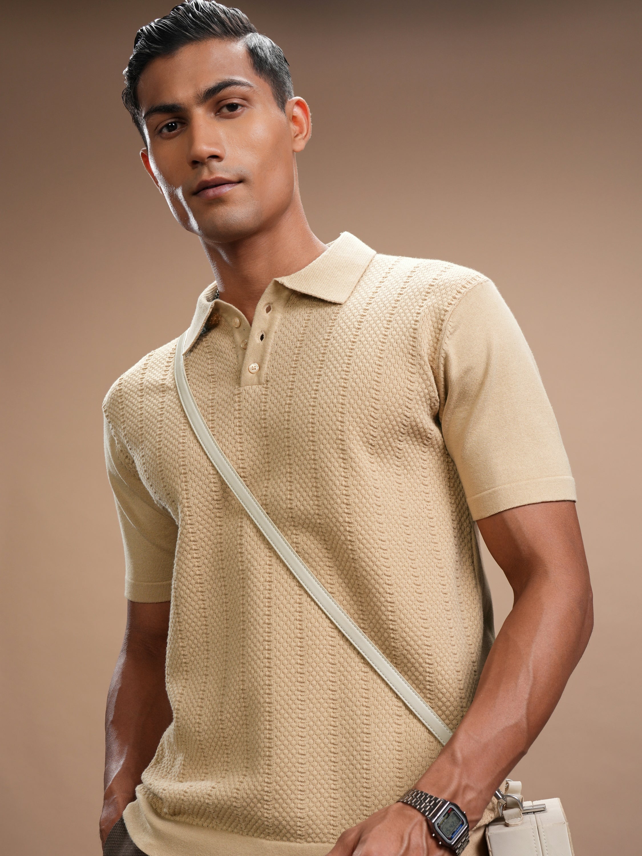 Highlander Men Beige Self Design Polo Collar T-Shirt - Beige - Image 1