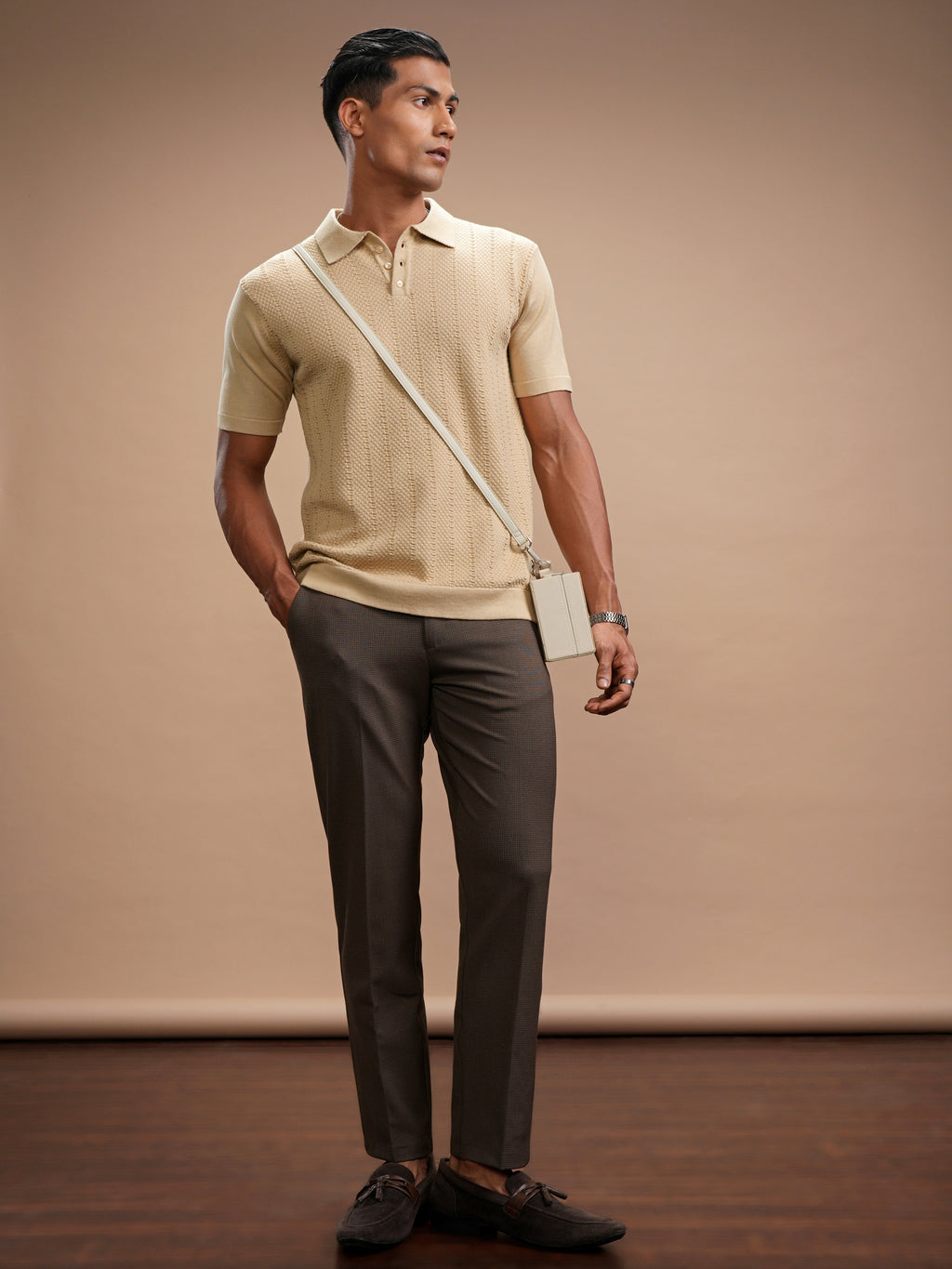 Highlander Men Beige Self Design Polo Collar T-Shirt - Beige - Image 2